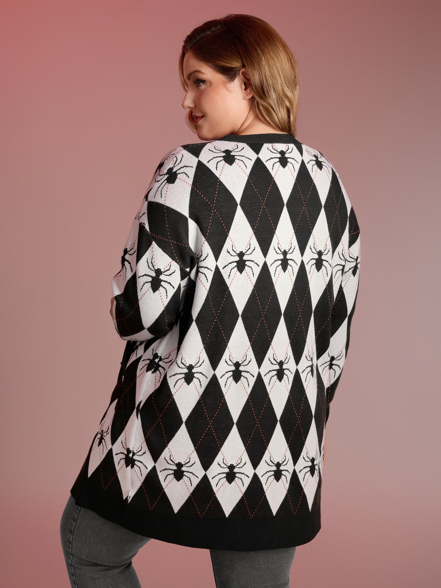 Spider Check Jacquard Pockets Knit Cardigan