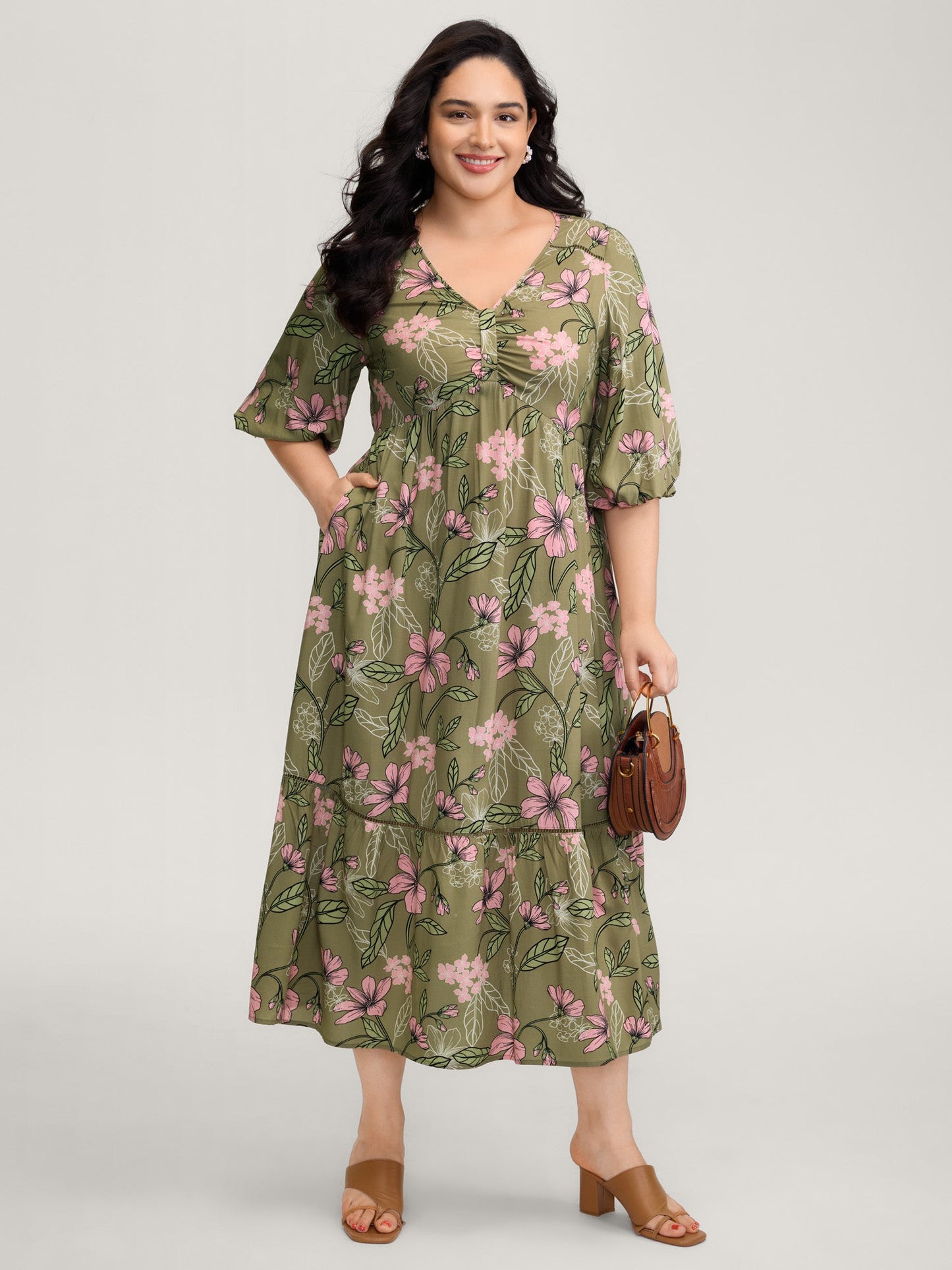 Garden Print Ruched V-Neck Maxi Dress