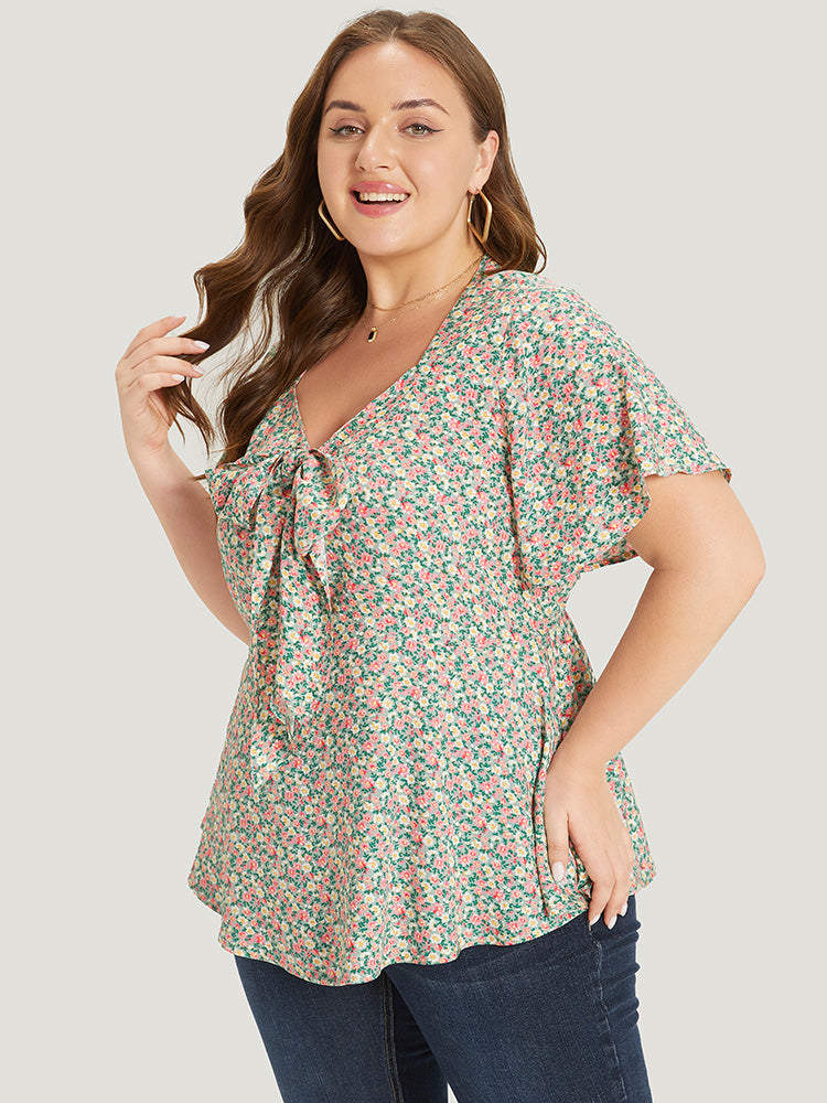Ditsy Floral Knot V Neck Blouse