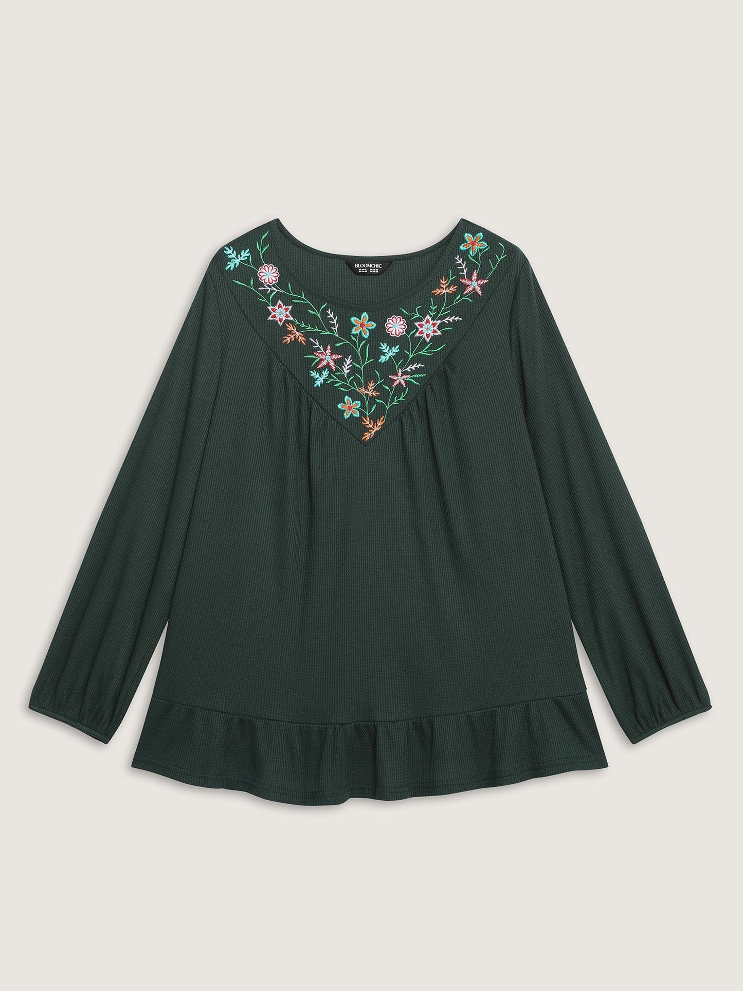 Embroidered Waffle Ruffled Hem Knit Top