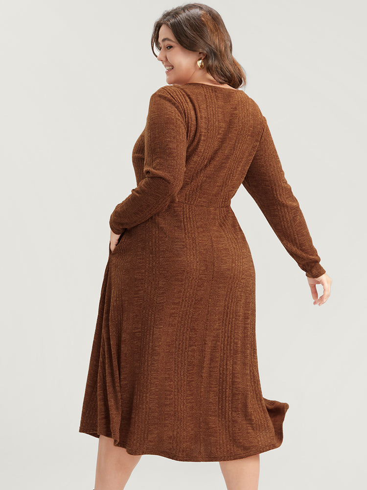 Solid Round Neck Pocket Rib Knit Dress Without Belt