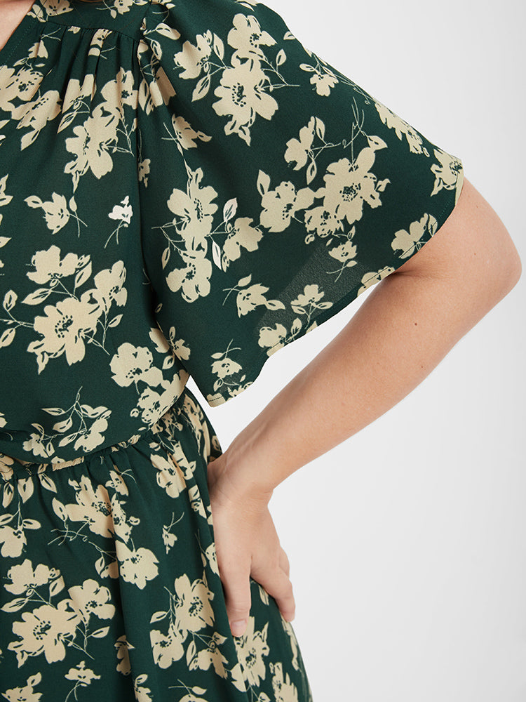 Floral Belted Button Ruffled Wrap Knee Dress