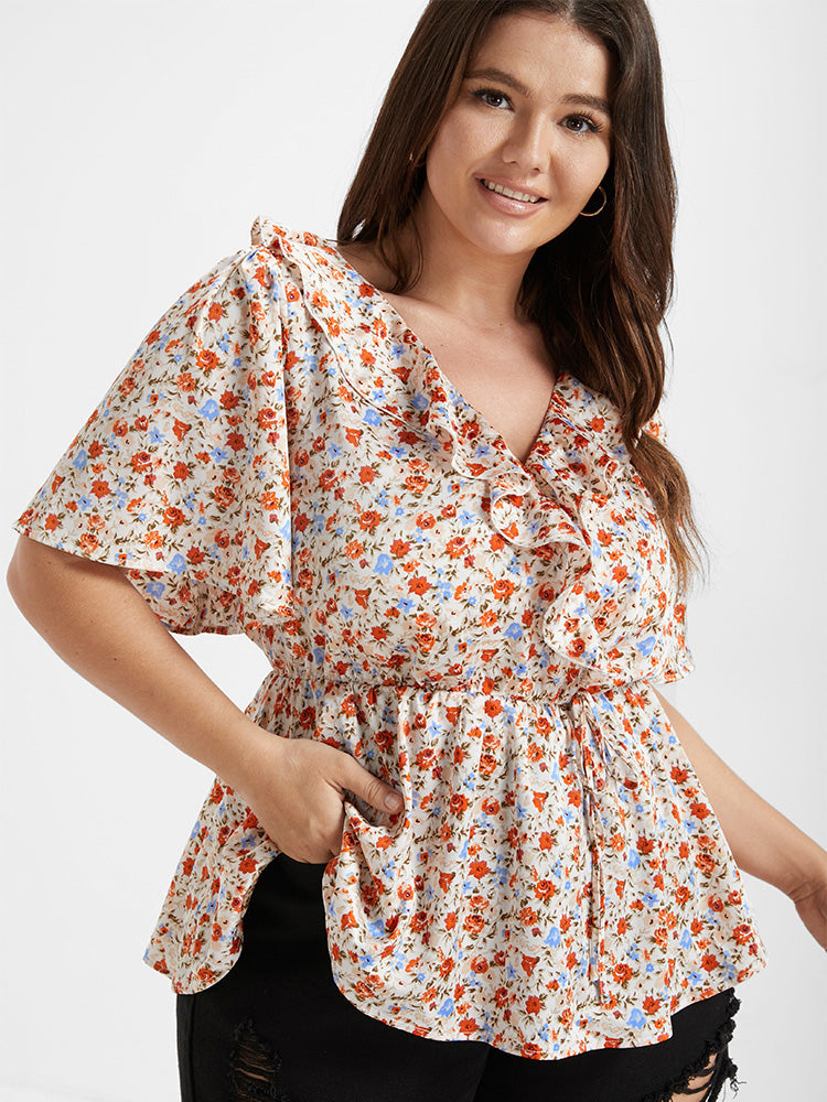 Ditsy Floral V Neck Ruffle Tie Front Blouse