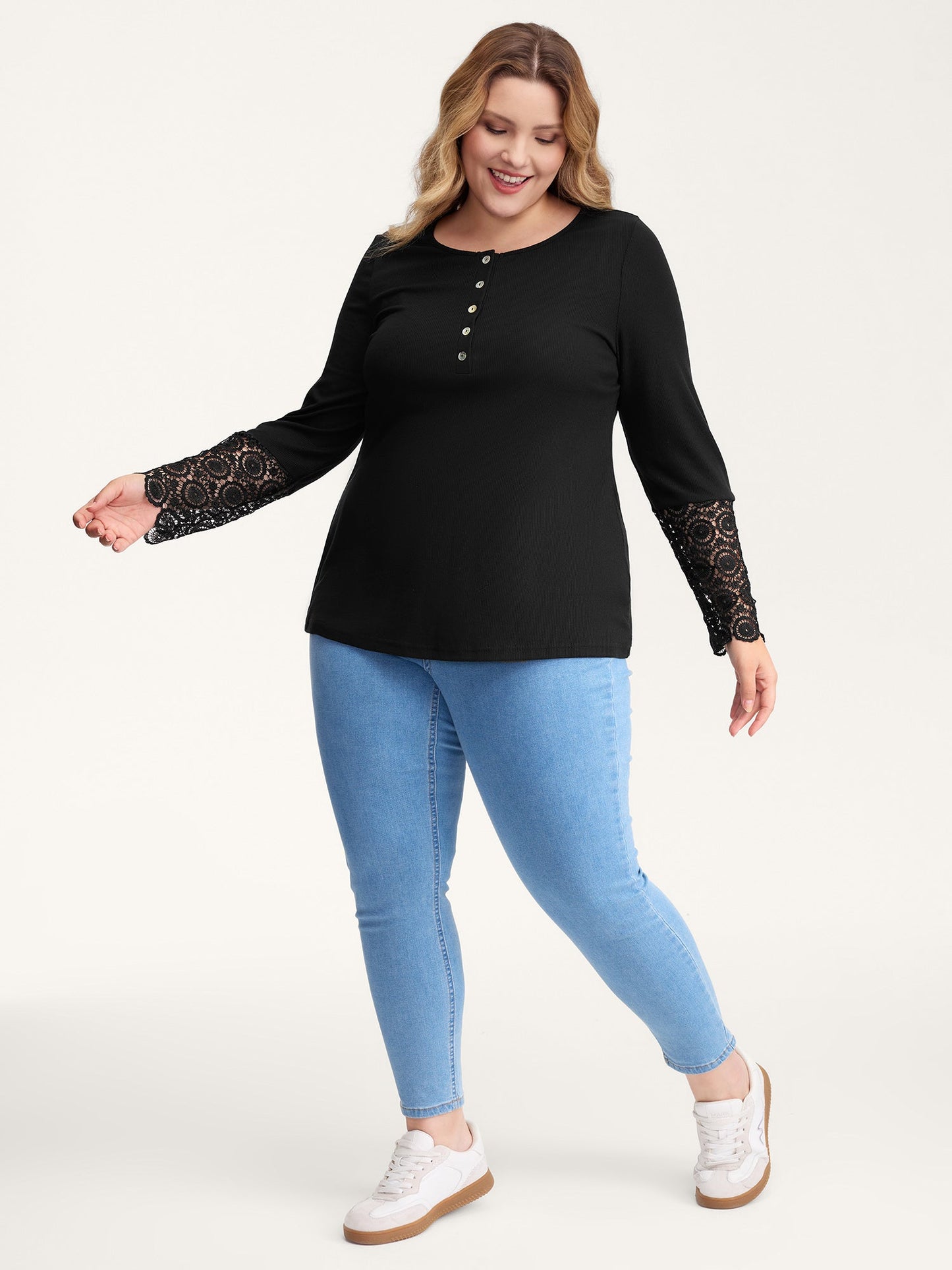 Lace Sleeve Button Placket T-Shirt