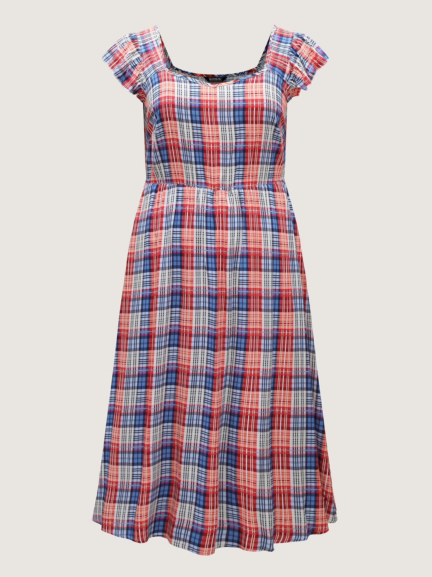 Plaid Print Flutter Sleeve Pockets Midi Dress