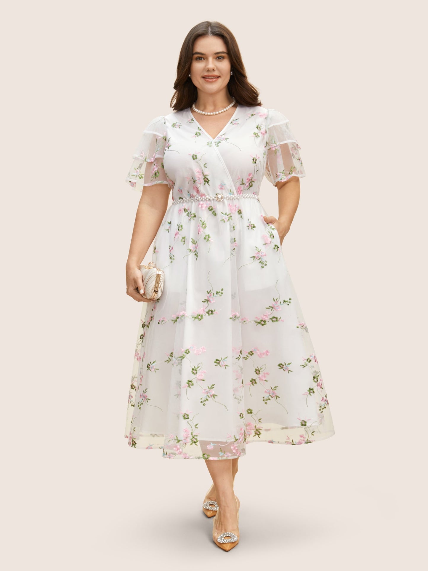 Overlap Collar Mesh Floral Embroidered Tiered Ruffles Dress
