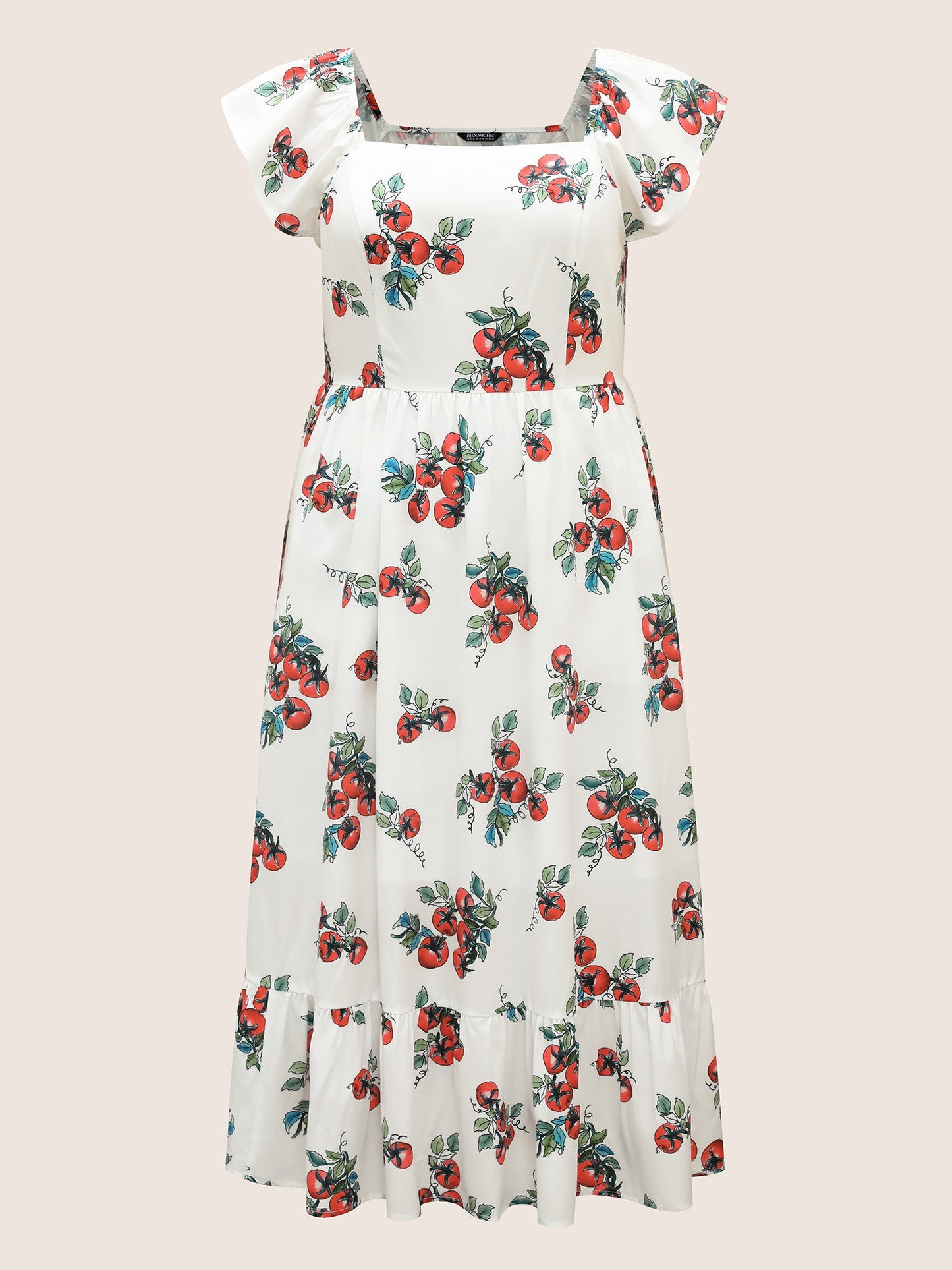 Tomato Print Square Neck Ruffle Cap Sleeve Dress