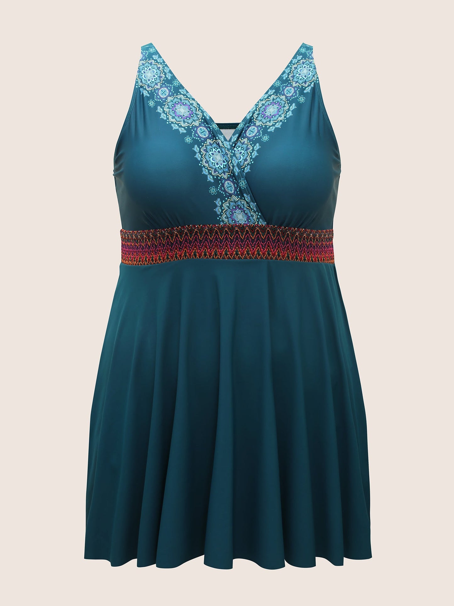 Overlap Collar Bandana Print Contrast Webbing Swim Dress