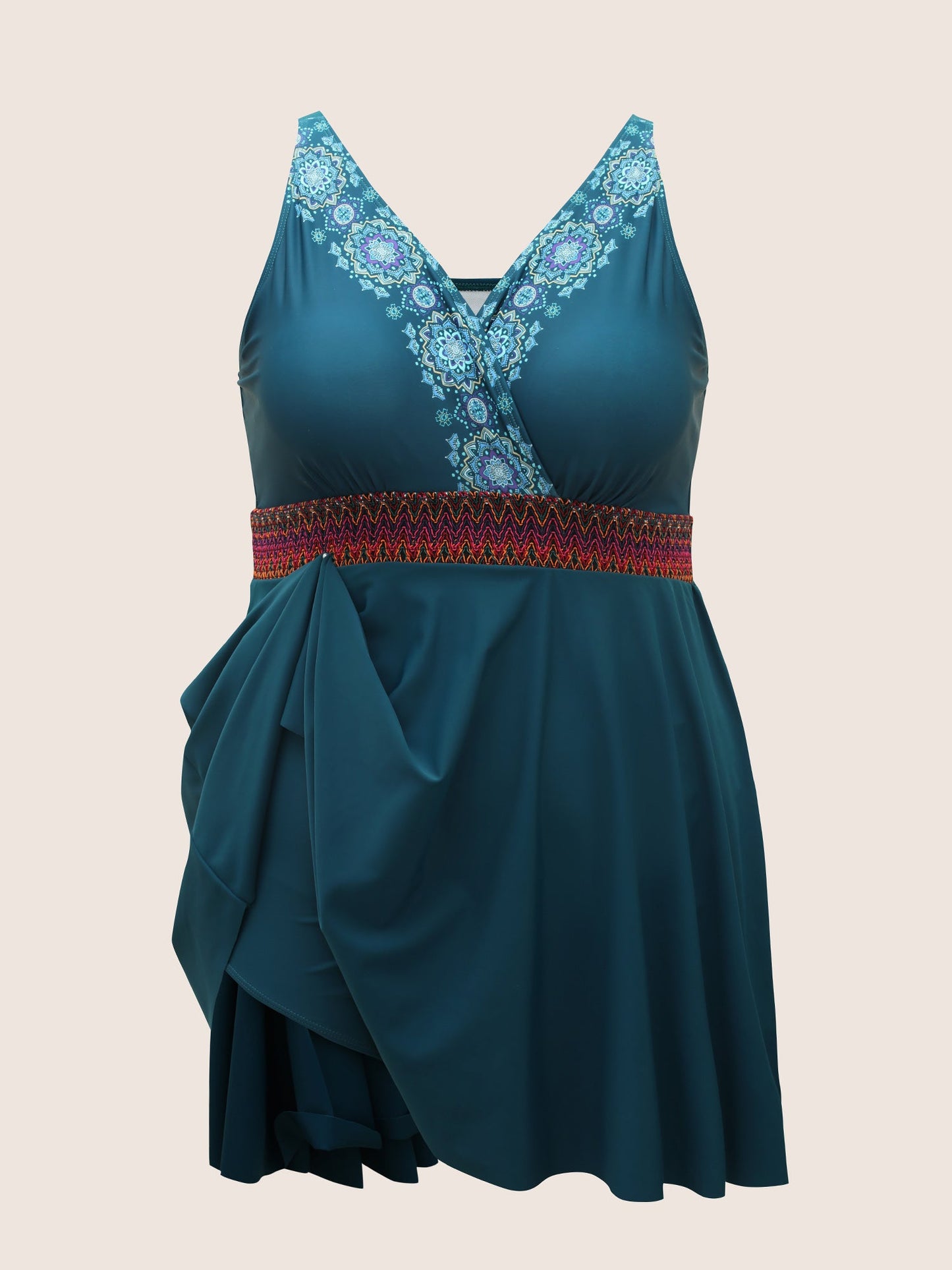 Overlap Collar Bandana Print Contrast Webbing Swim Dress
