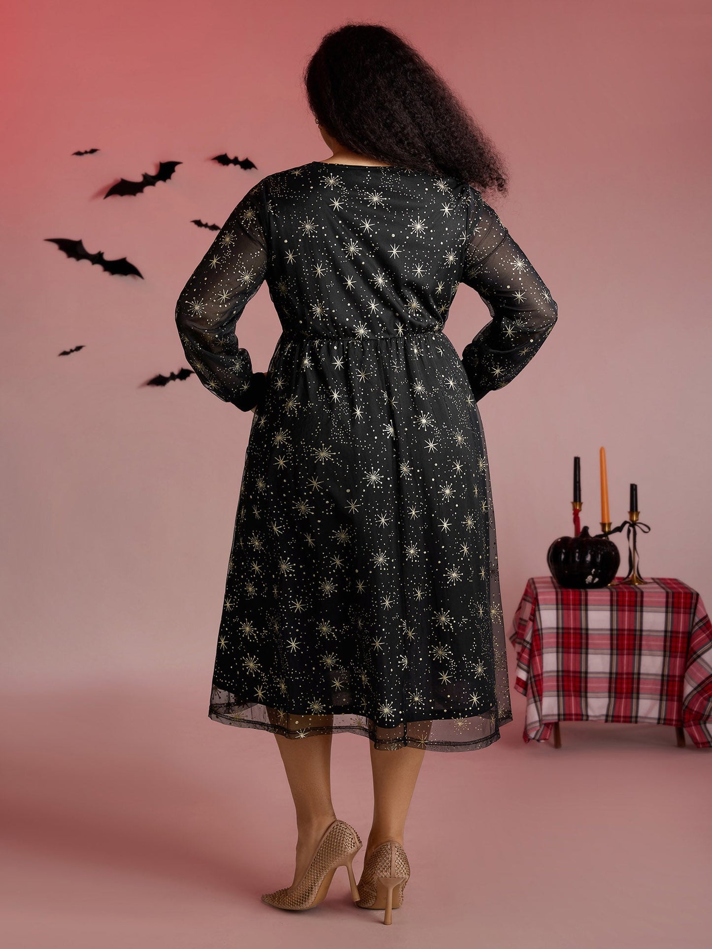 Star Moon Mesh Cinched-Waist Midi Dress