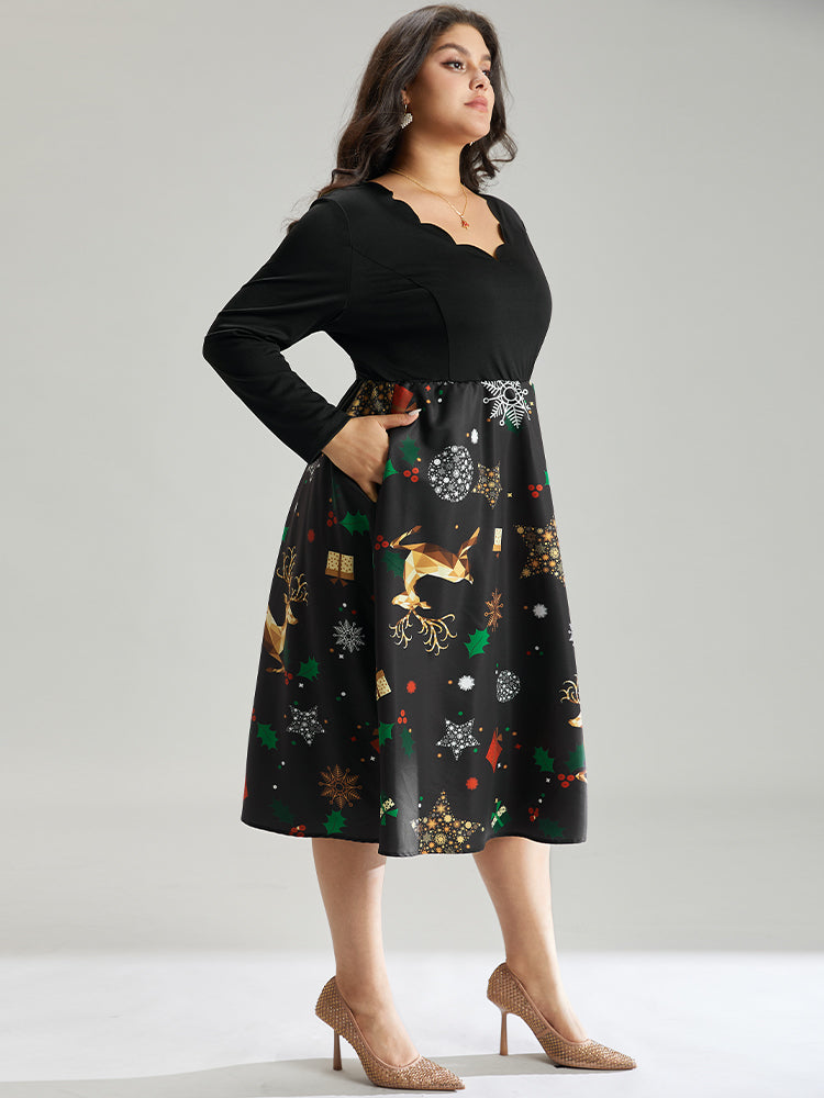 Christmas Print Patchwork Scalloped Trim Elastic Waist Dress