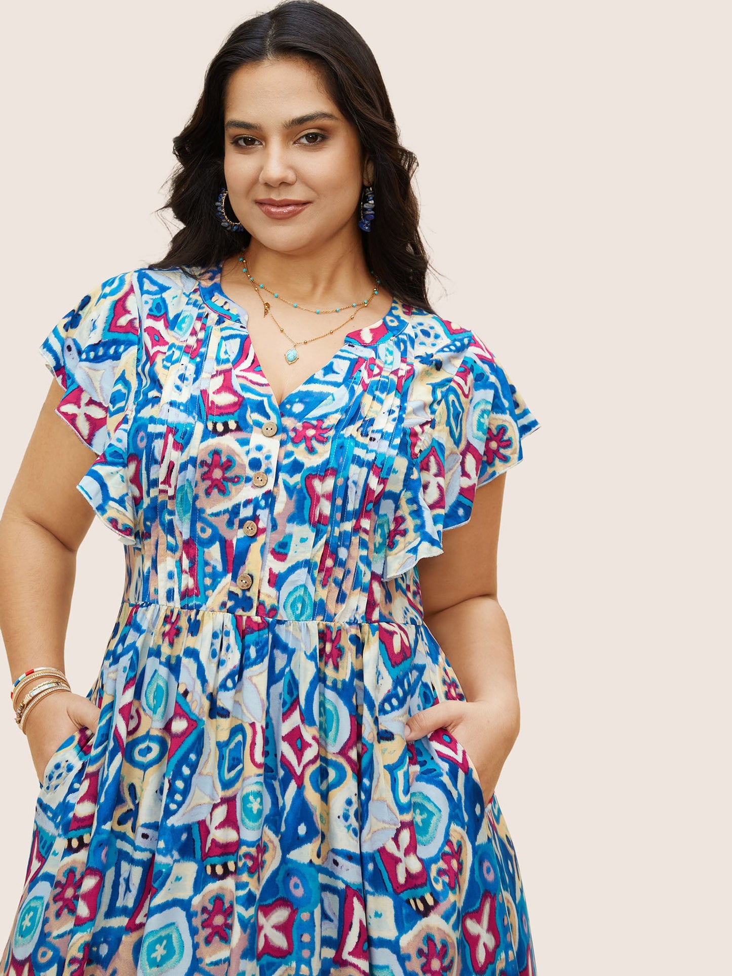 Boho Print Pleated Ruffle Sleeve Dress