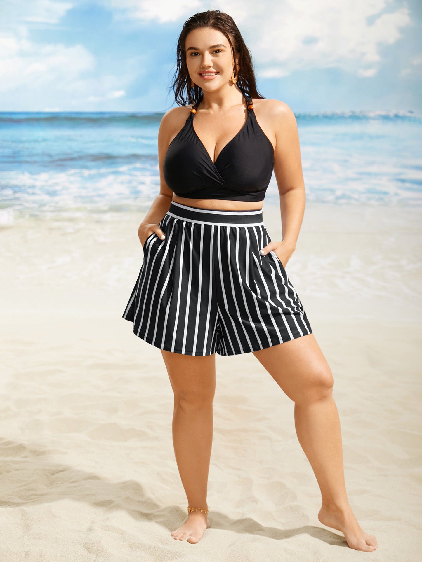 Contrast Striped Elastic Waist Pocket Swim Bottom