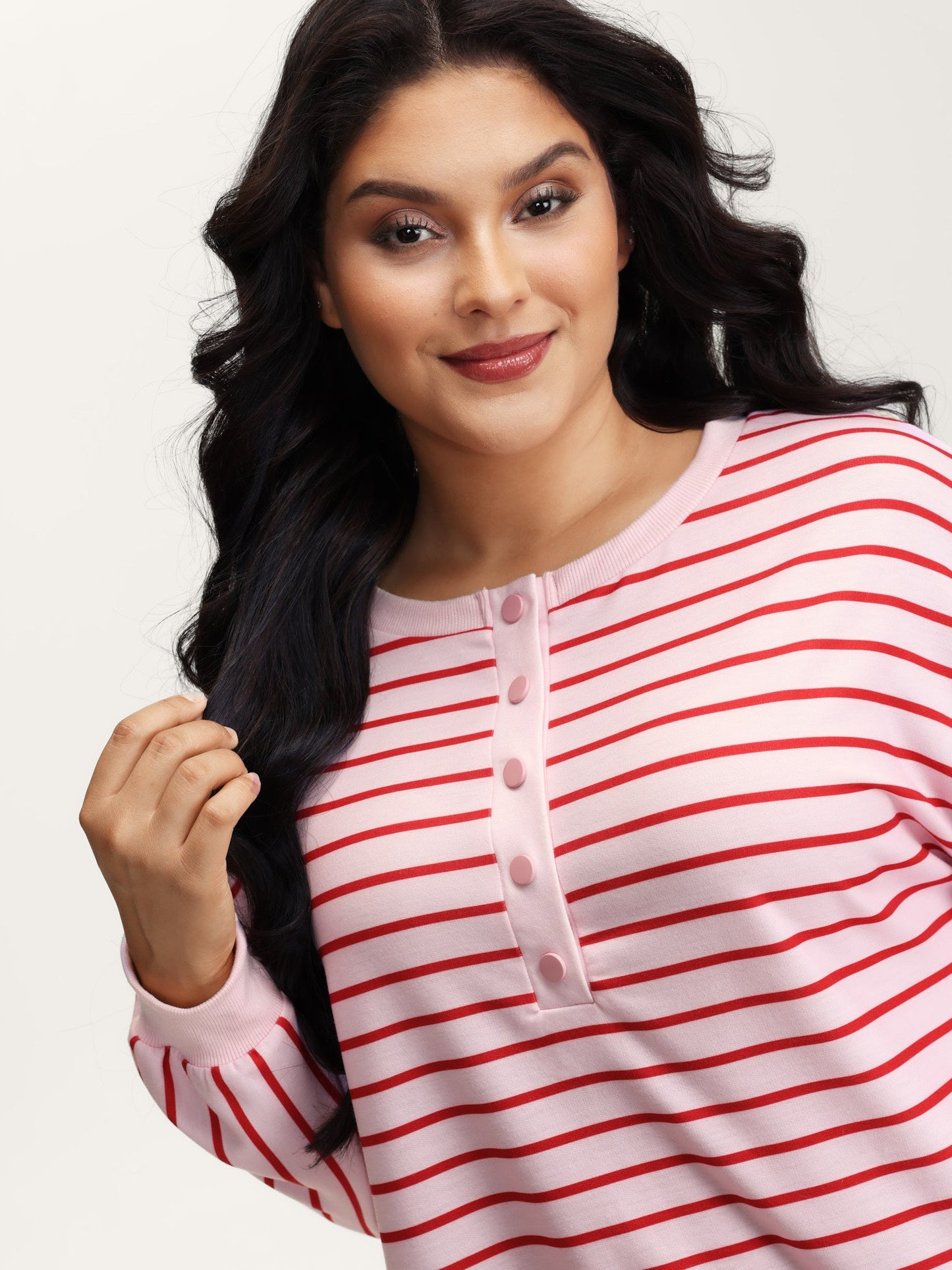Stripe Snap Button Round Neck Sweatshirt