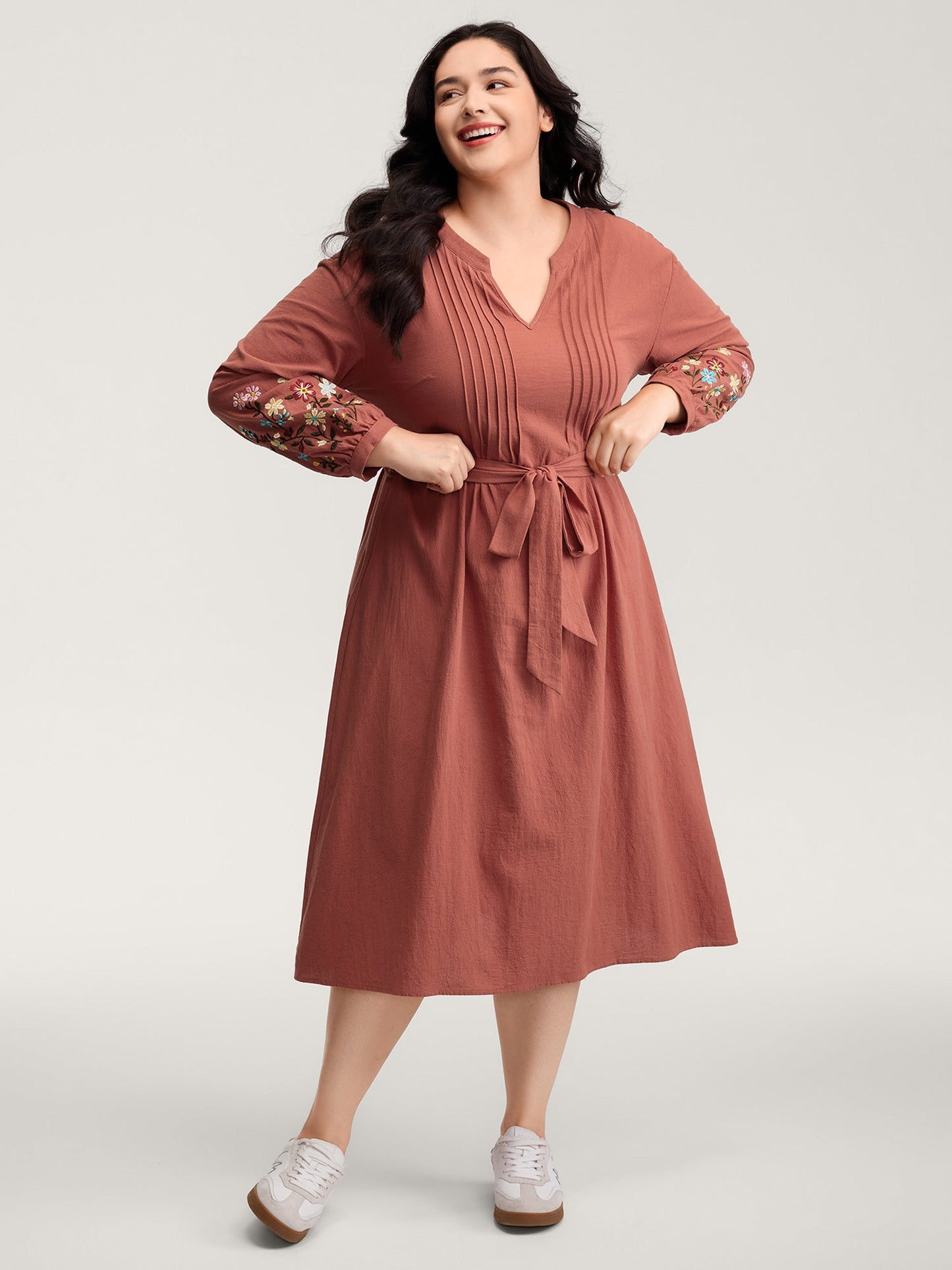 Cotton Embroidered Sleeve Waist-Tie Midi Dress