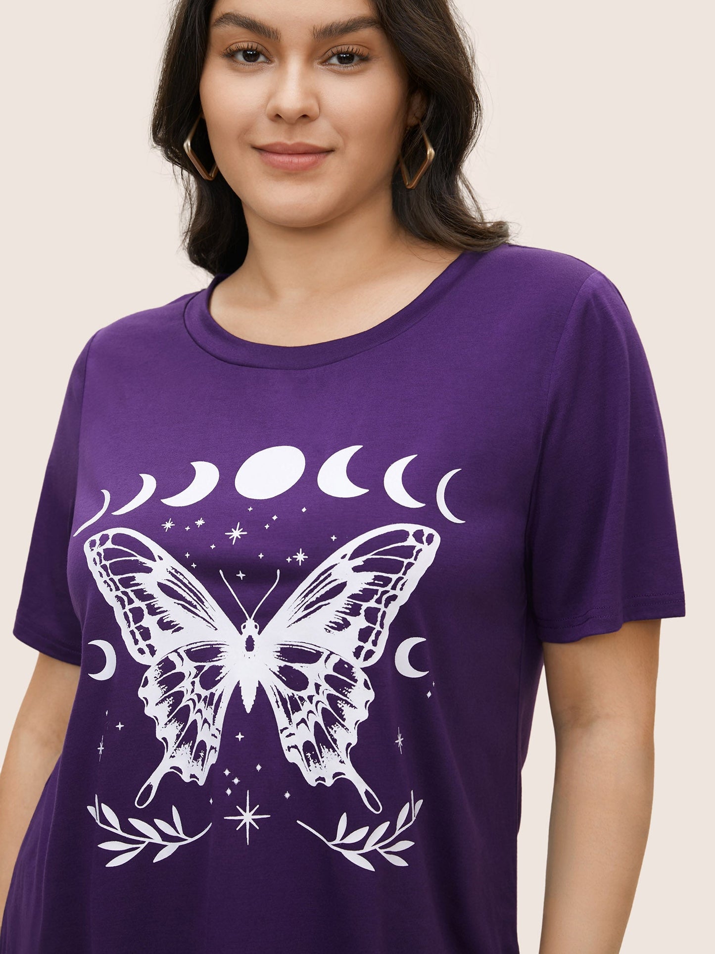 Butterfly & Moon Print Round Neck T-shirt