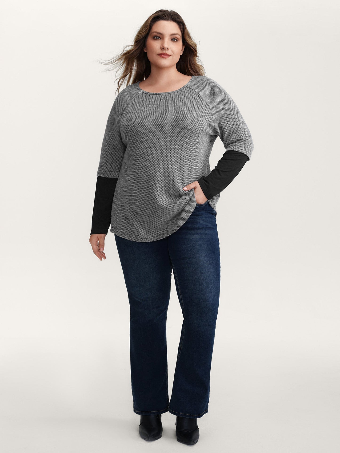 Shoulder Zip Color Contrast T-Shirt