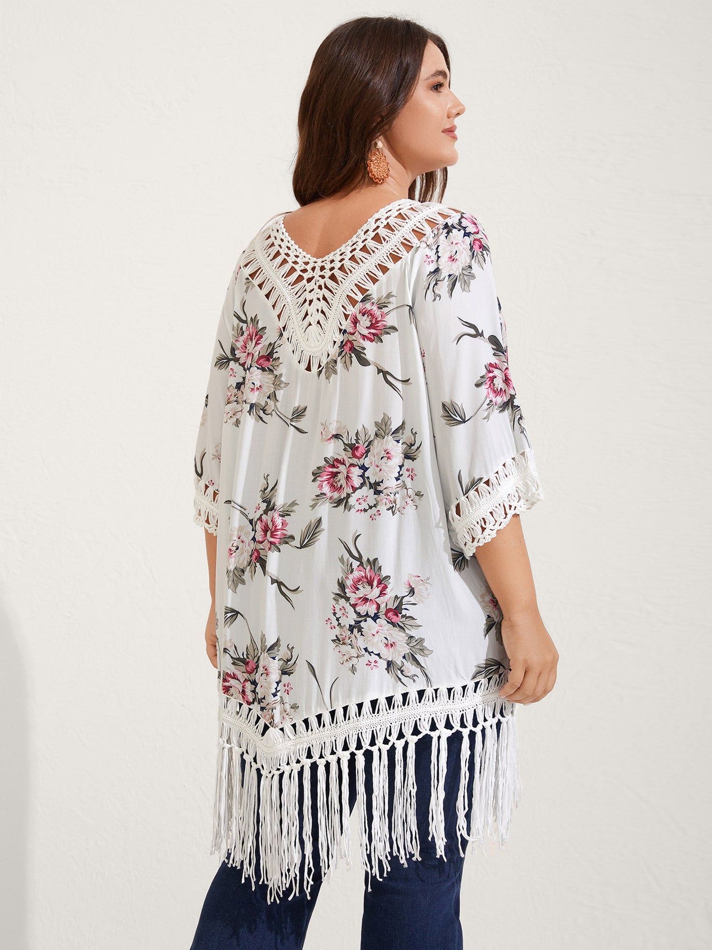 Floral Print Crochet Fringe Hem Swim Cover-Up