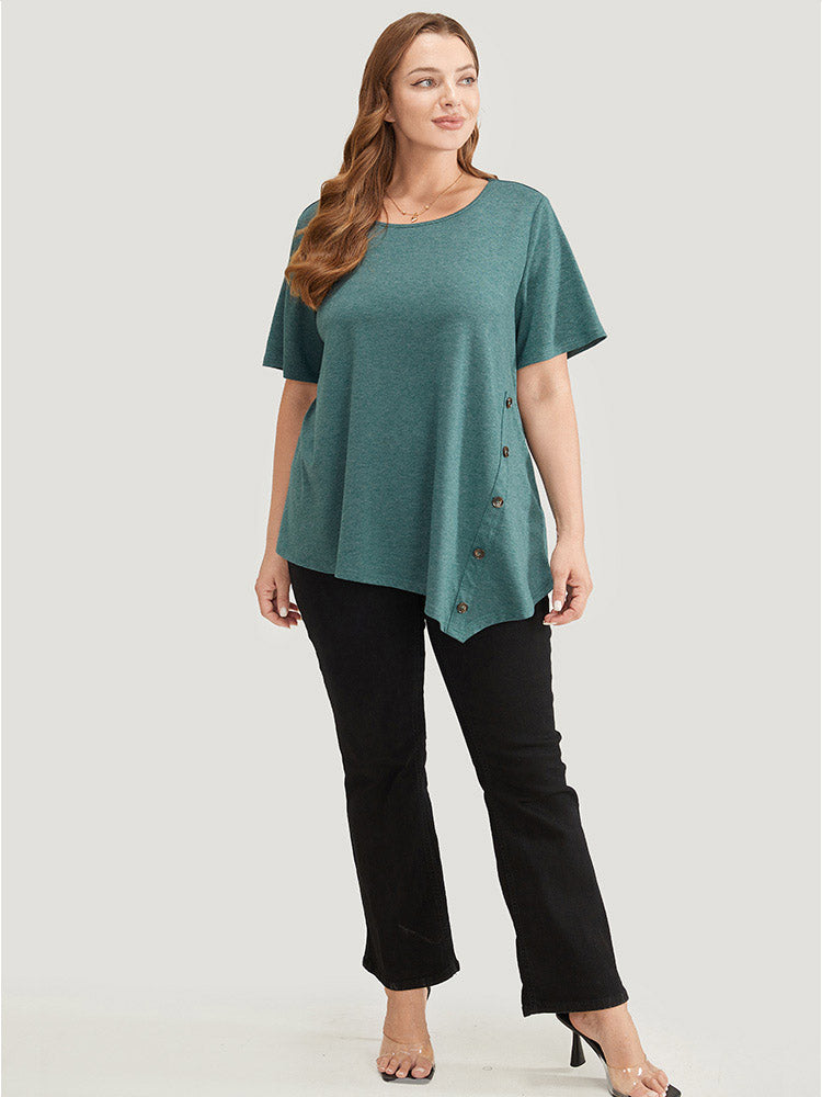 Solid Asymmetrical Hem Button Detail Ruffles T-shirt