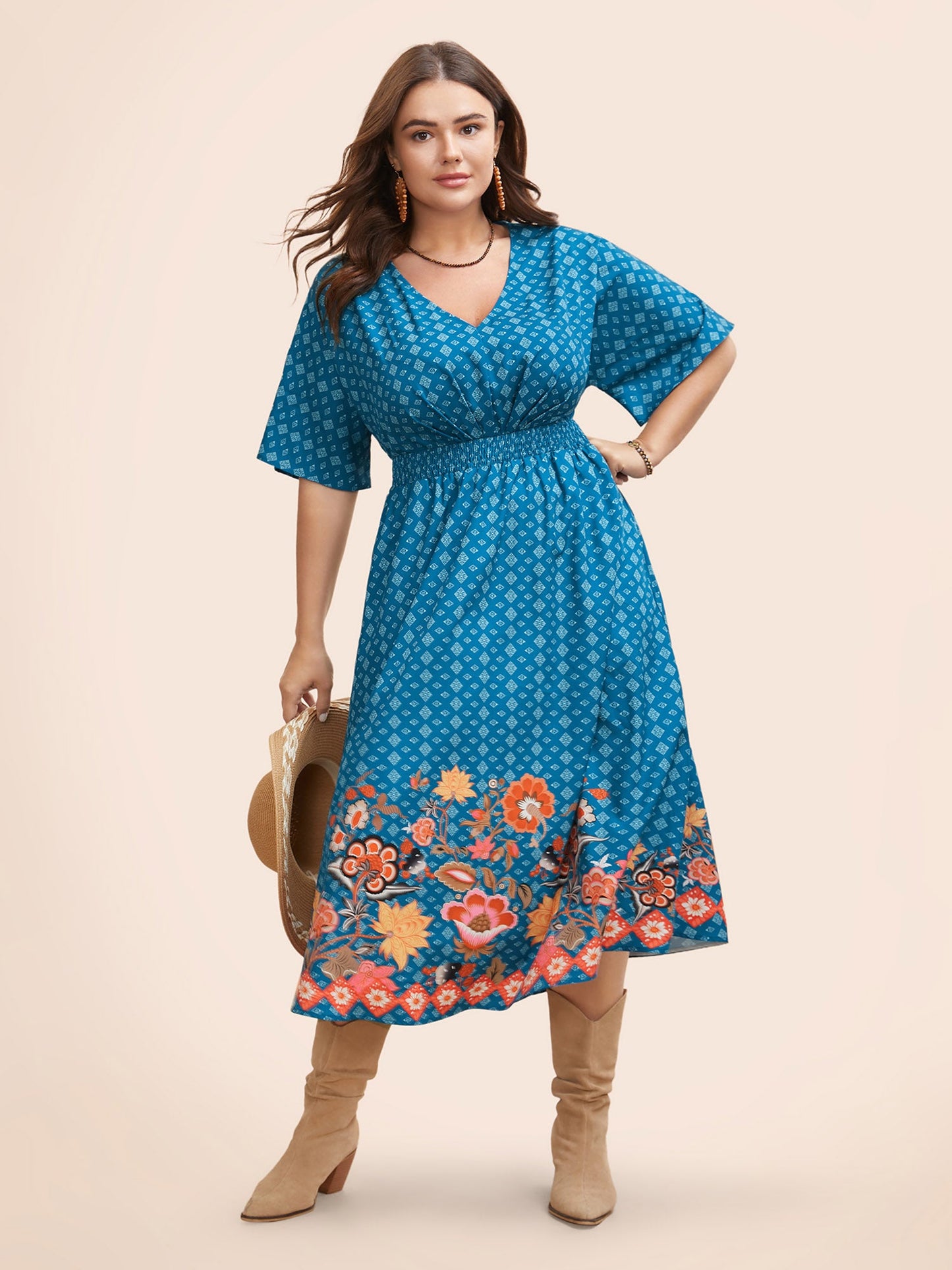 Boho Print Shirred Pleated Dolman Sleeve Dress