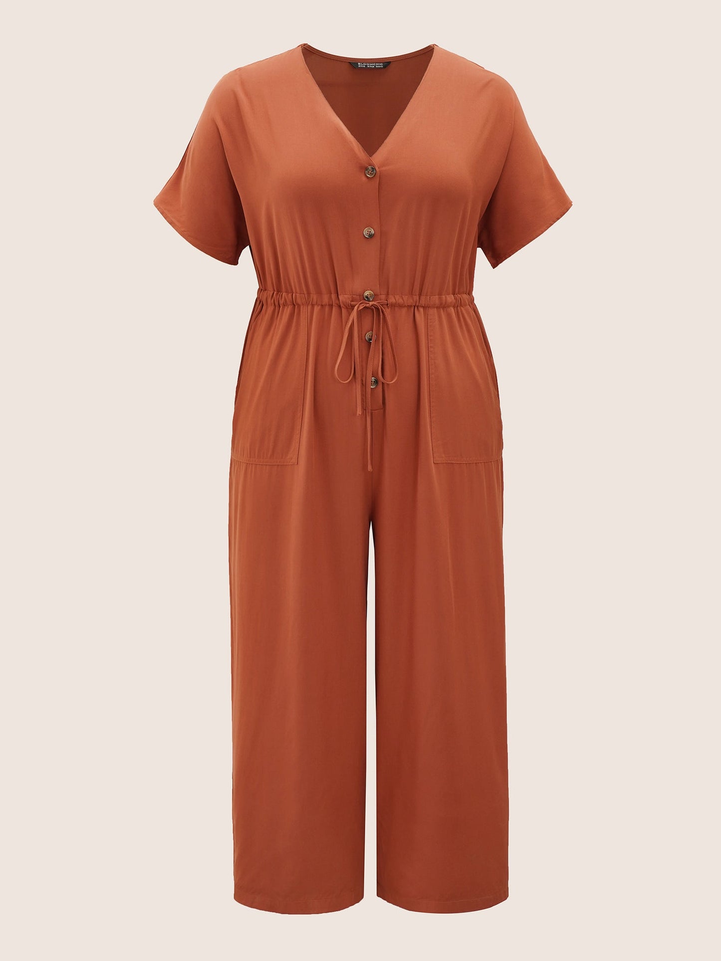 Plain Button Up Drawstring Gathered Pocket Jumpsuit