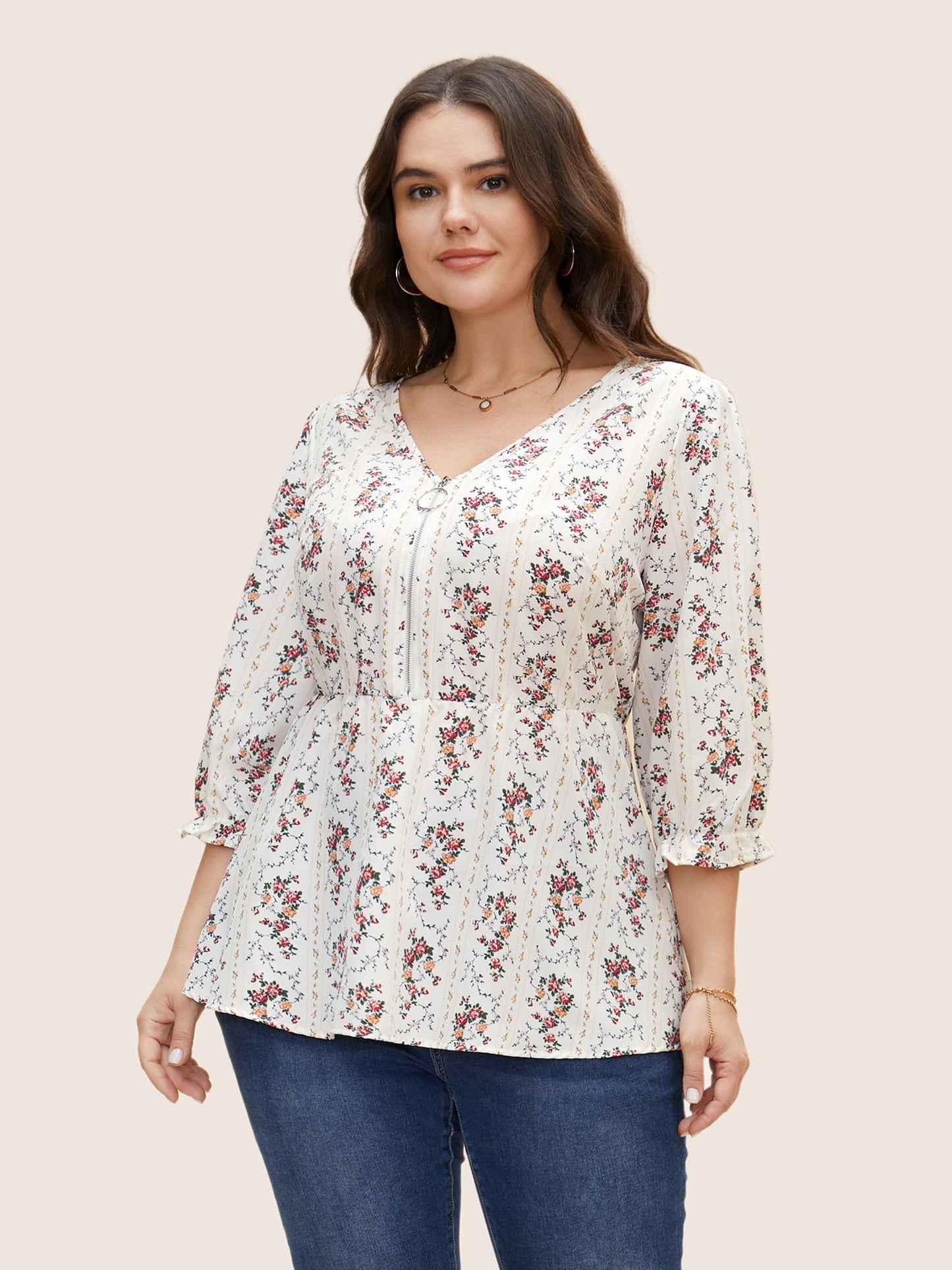 Boho Print O Ring Zipper Lantern Sleeve Blouse