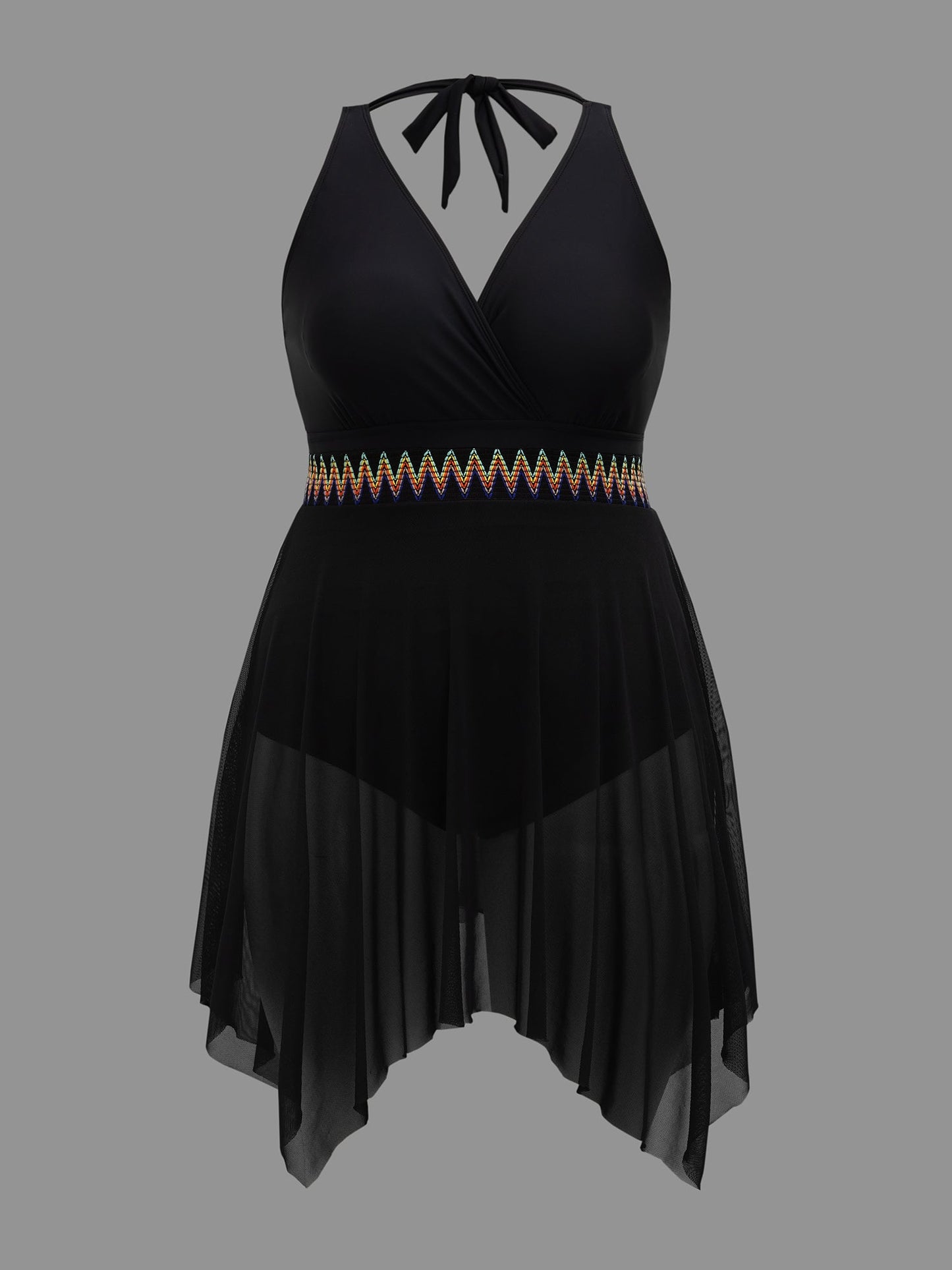 Handkerchief Hem Contrast Webbing Surplice Neck Swim Dress