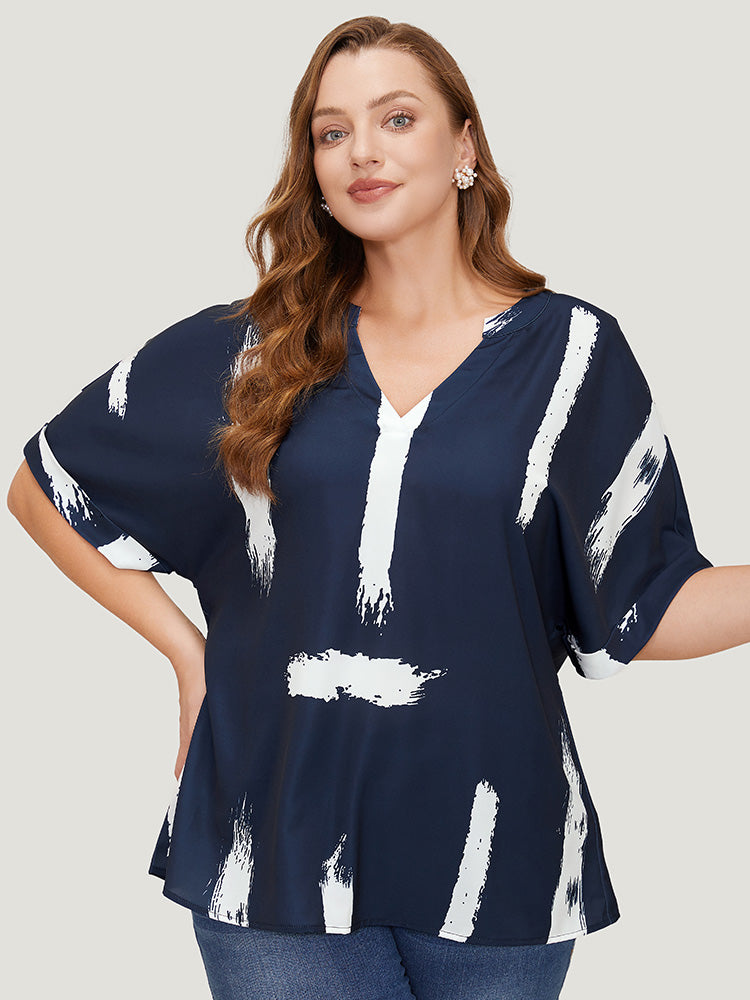 Brush Print Rolll Batwing Sleeve Blouse