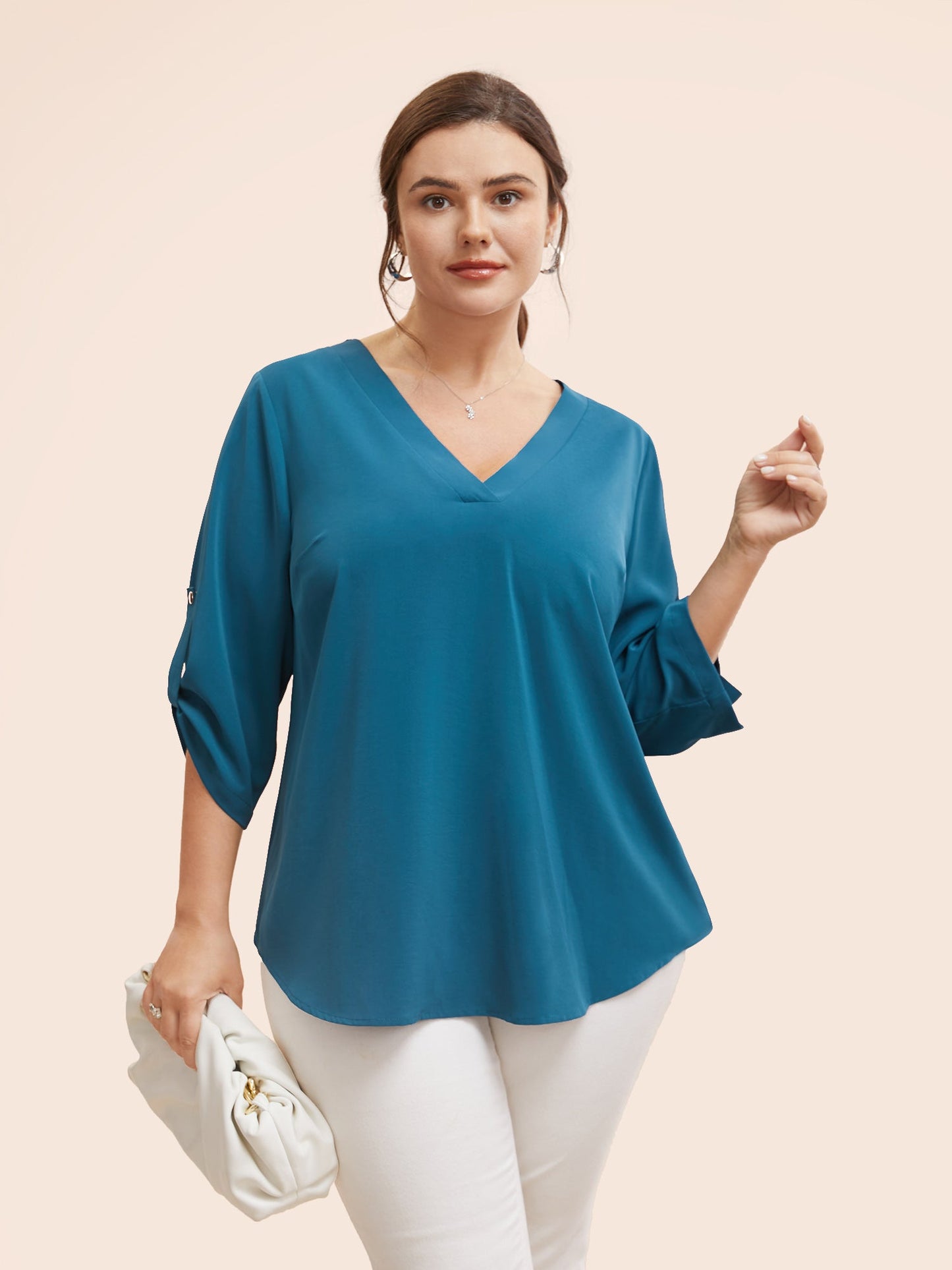 Solid Cuffed Sleeve Gathered Curved Hem Blouse