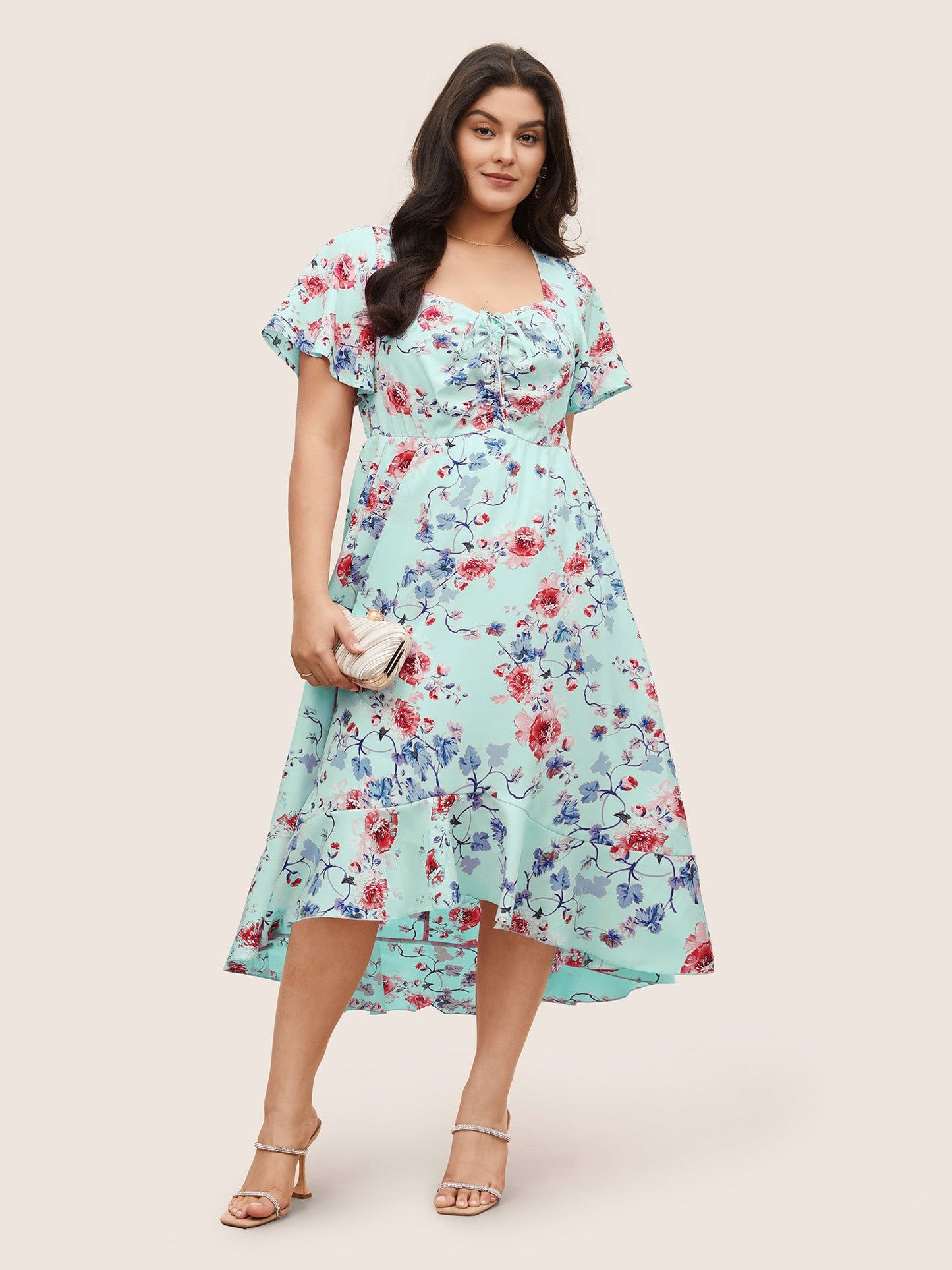 Square Neck Floral Print Gathered Drawstring Dress