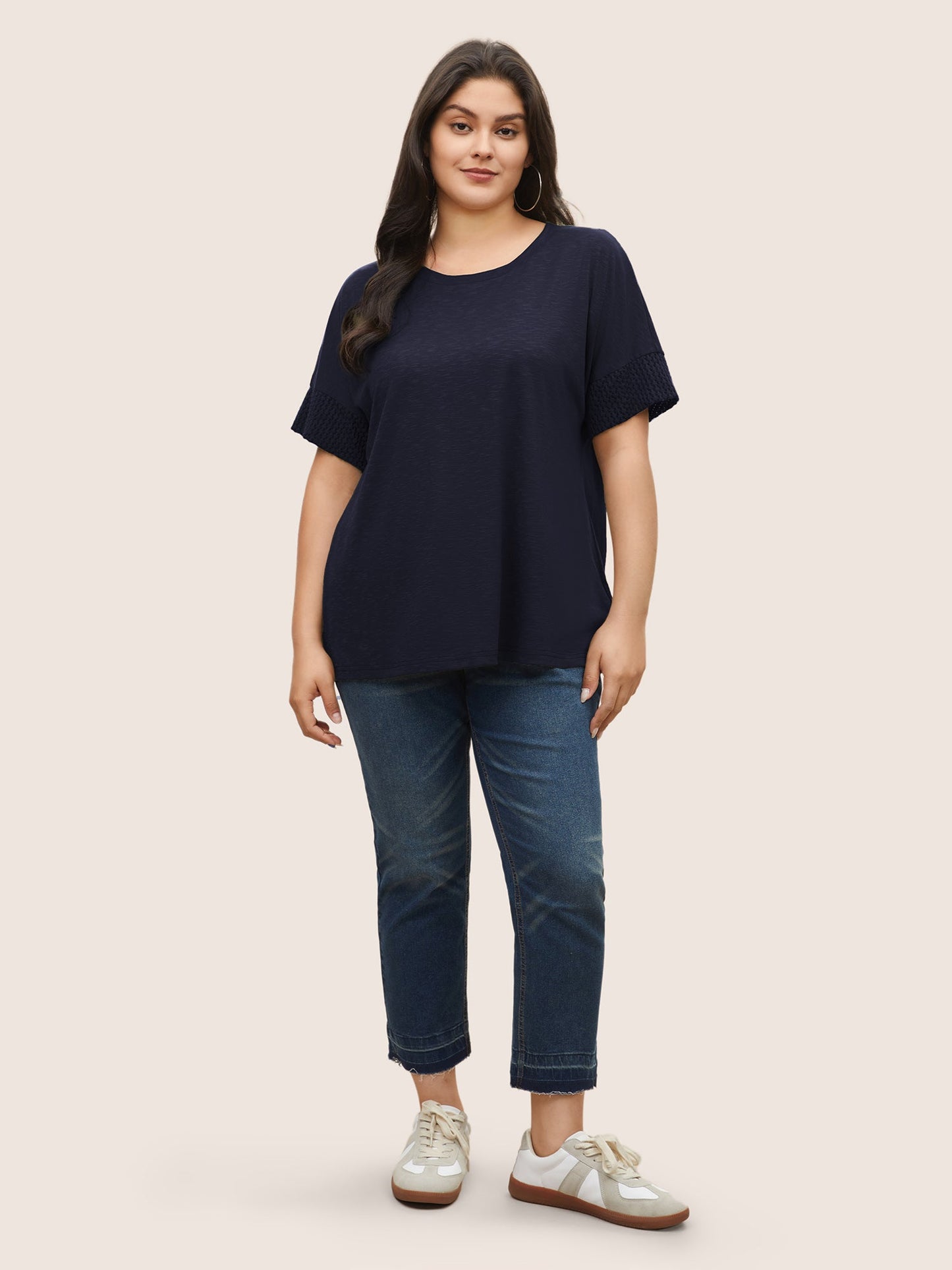 Solid Lace Insert Batwing Sleeve T-shirt