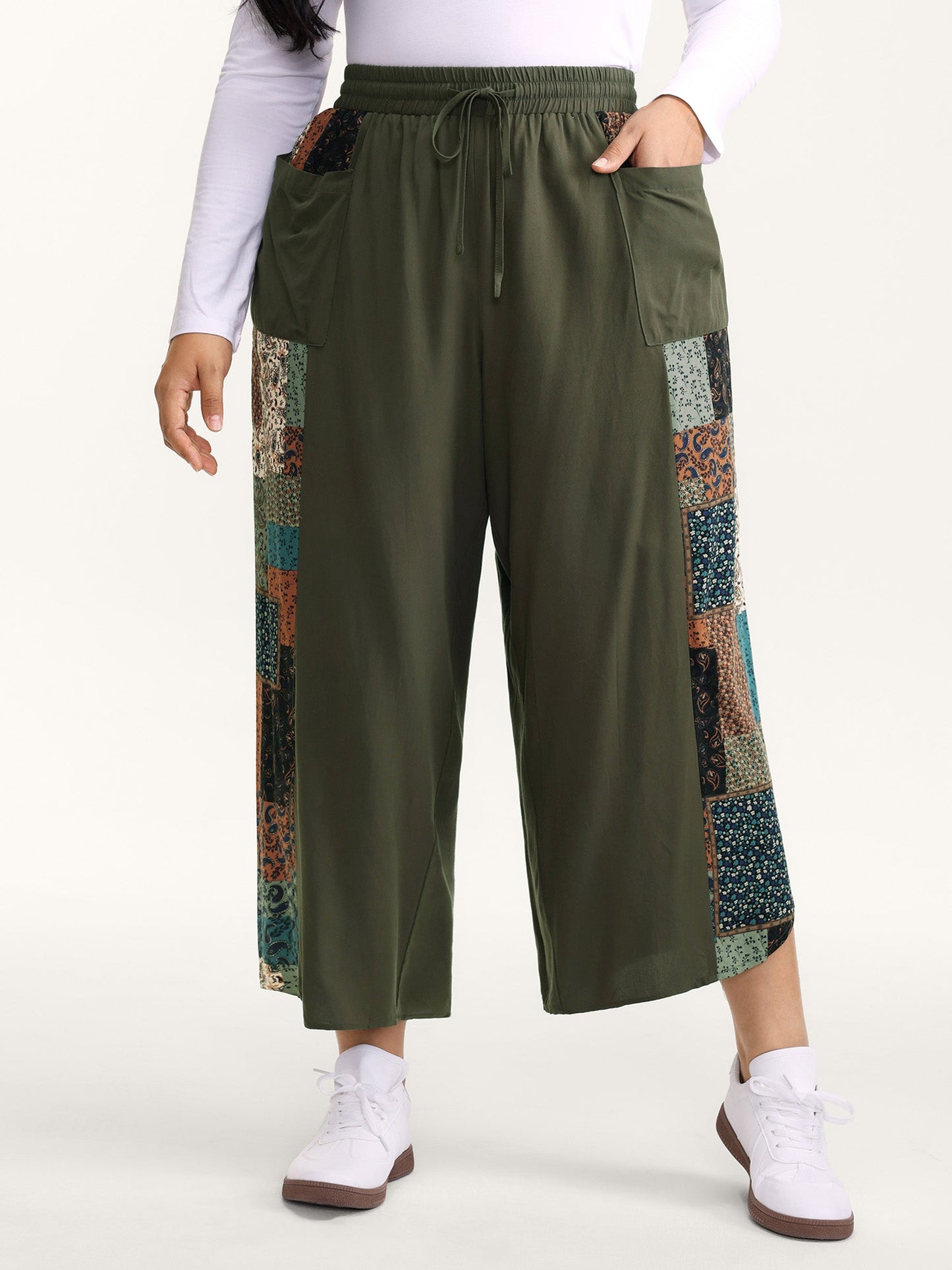 Patch Print Drawstring Wide-Leg Pants