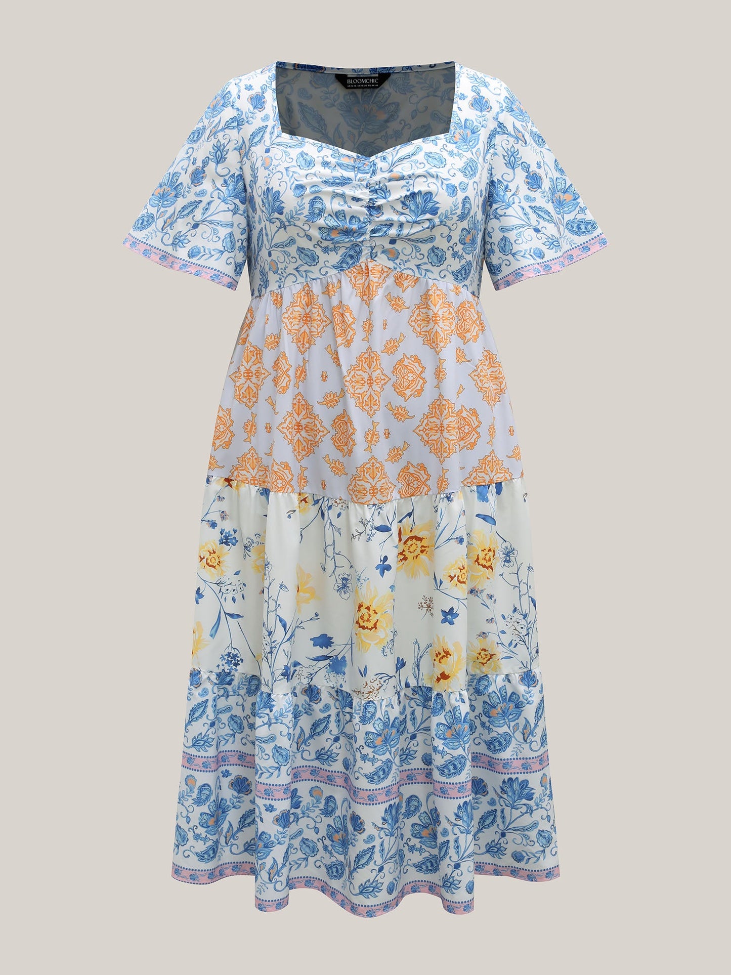 Contrast Print Ruched Tiered Midi Dress