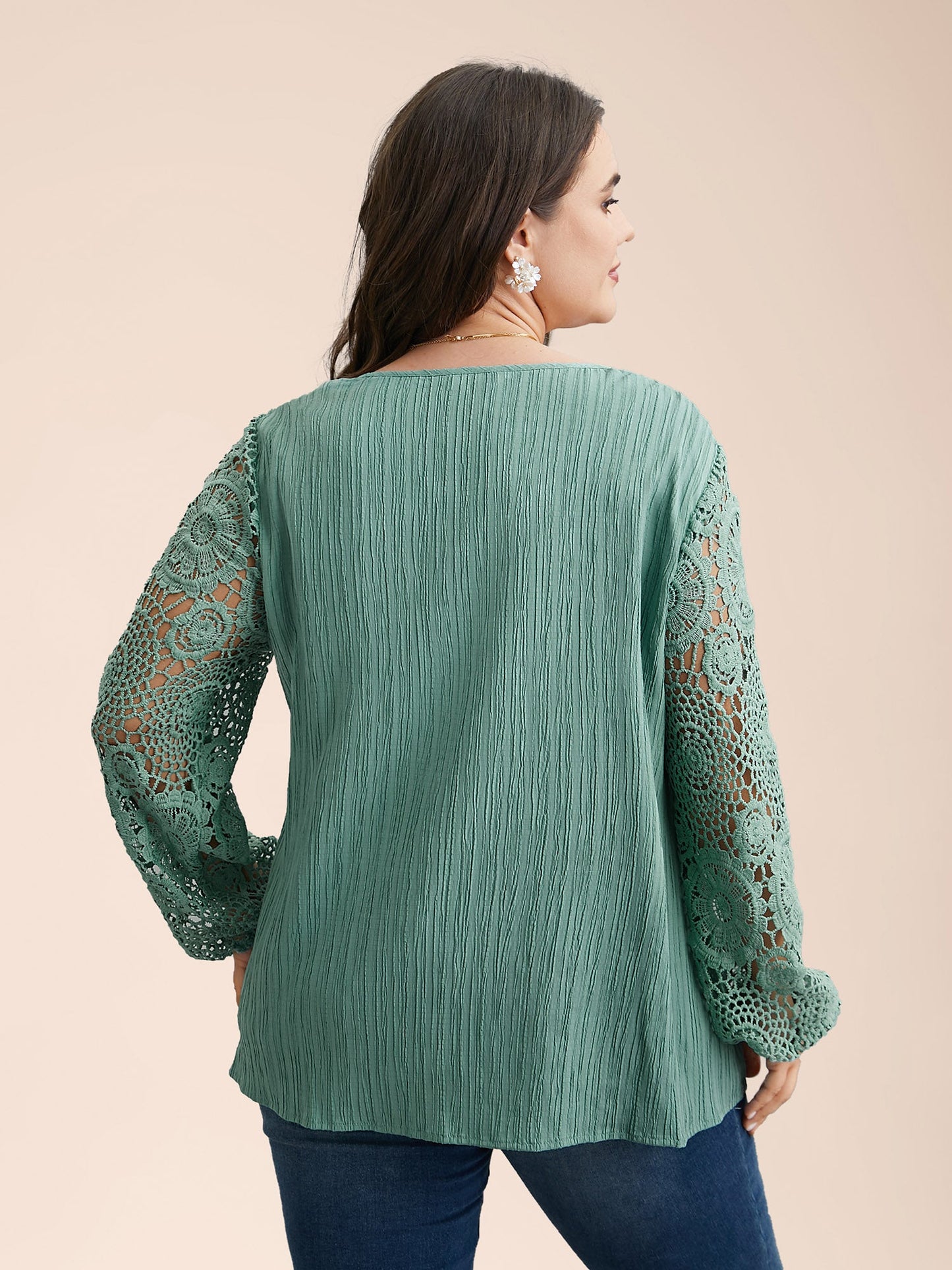 Scalloped Lace Textured Sheer Sleeve Blouse