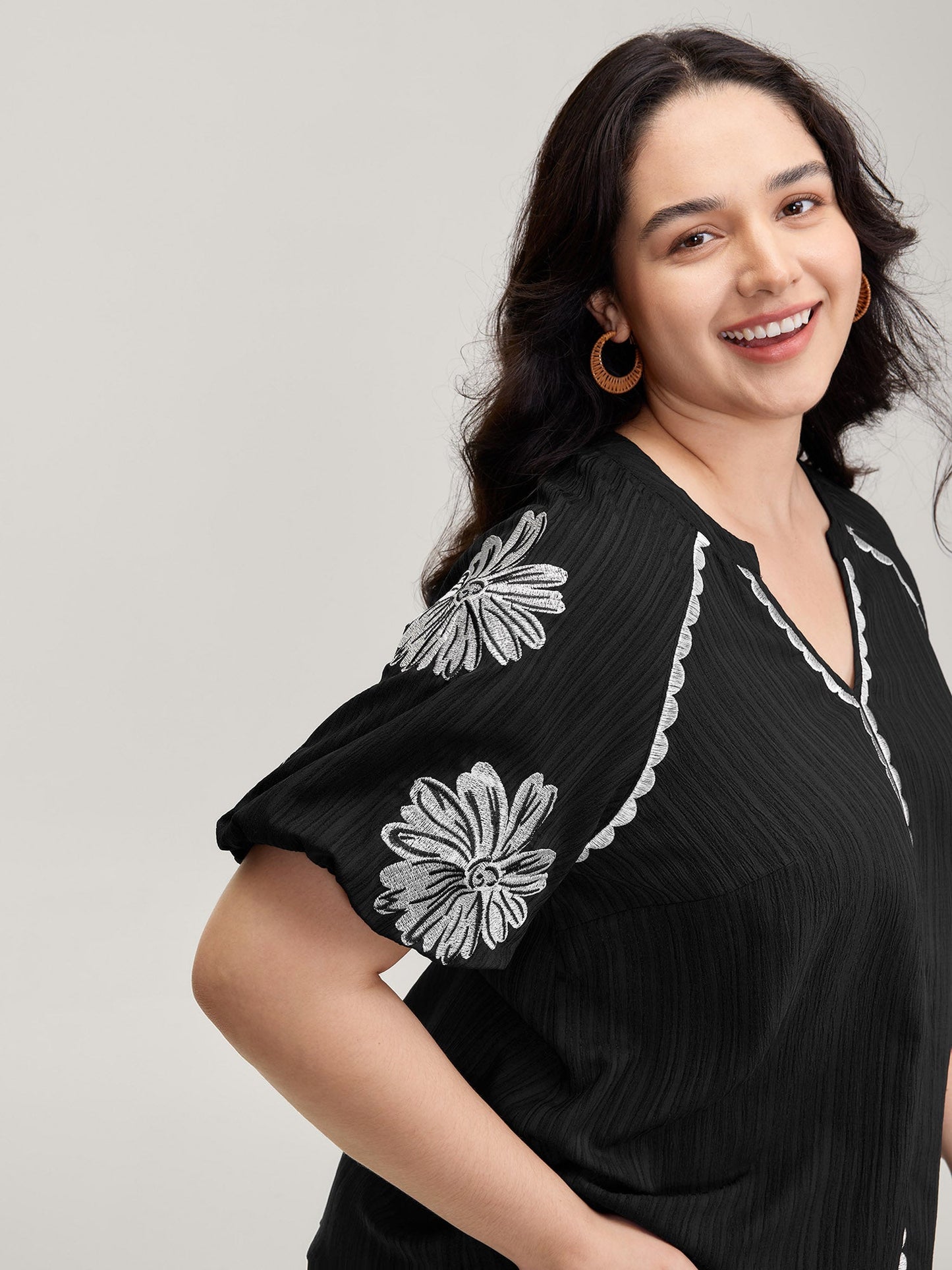 Textured Floral Embroidered Notched Collar Blouse