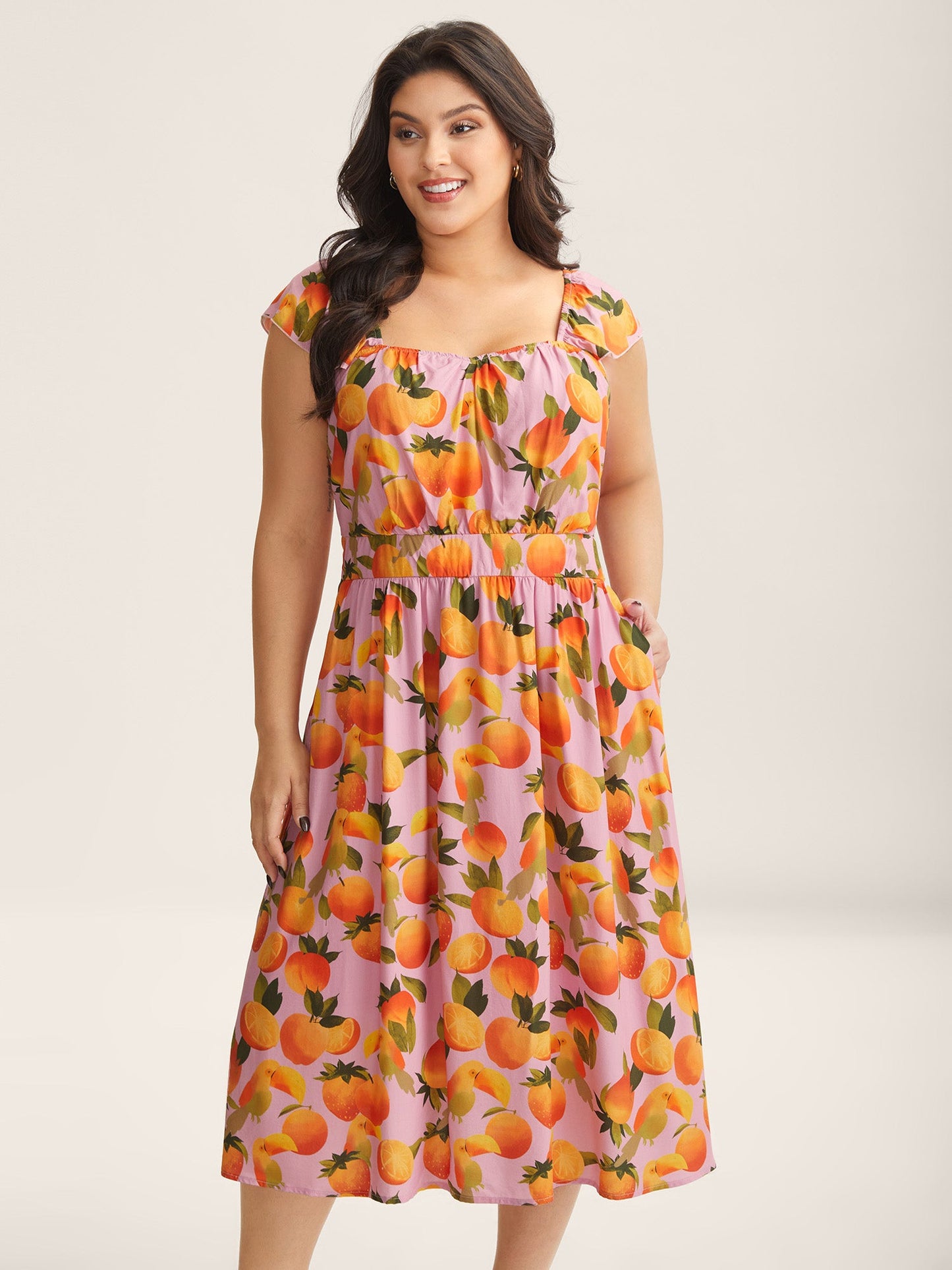 Citrus Print Pleated Sweetheart Midi Dress