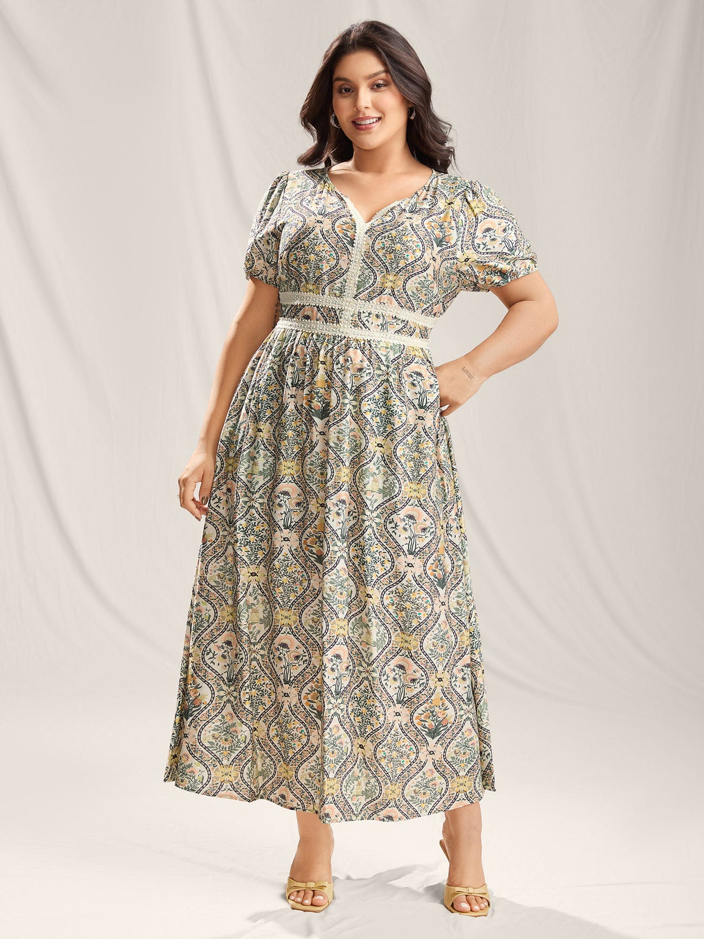 Ornate Print Lace Neck Midi Dress