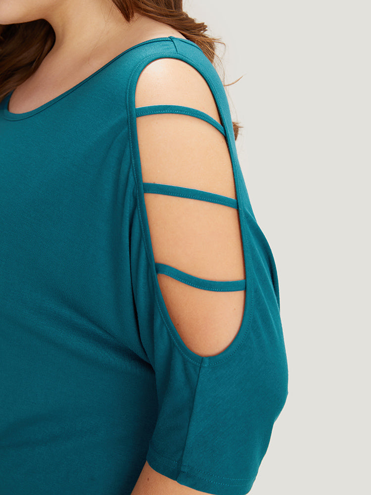 Solid Cut Out Round Neck Dolman Sleeve T-shirt