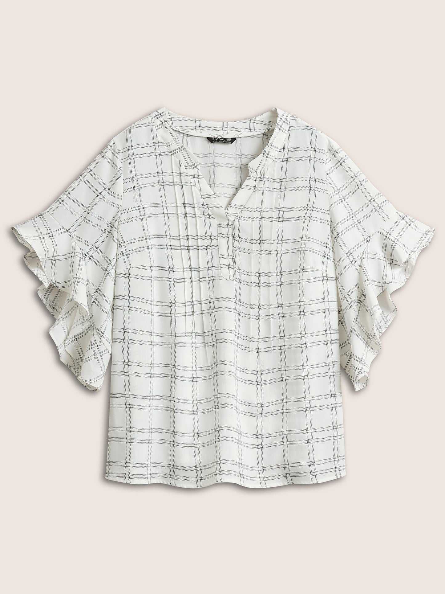 Plaid Notched Patchwork Ruffle Sleeve Blouse