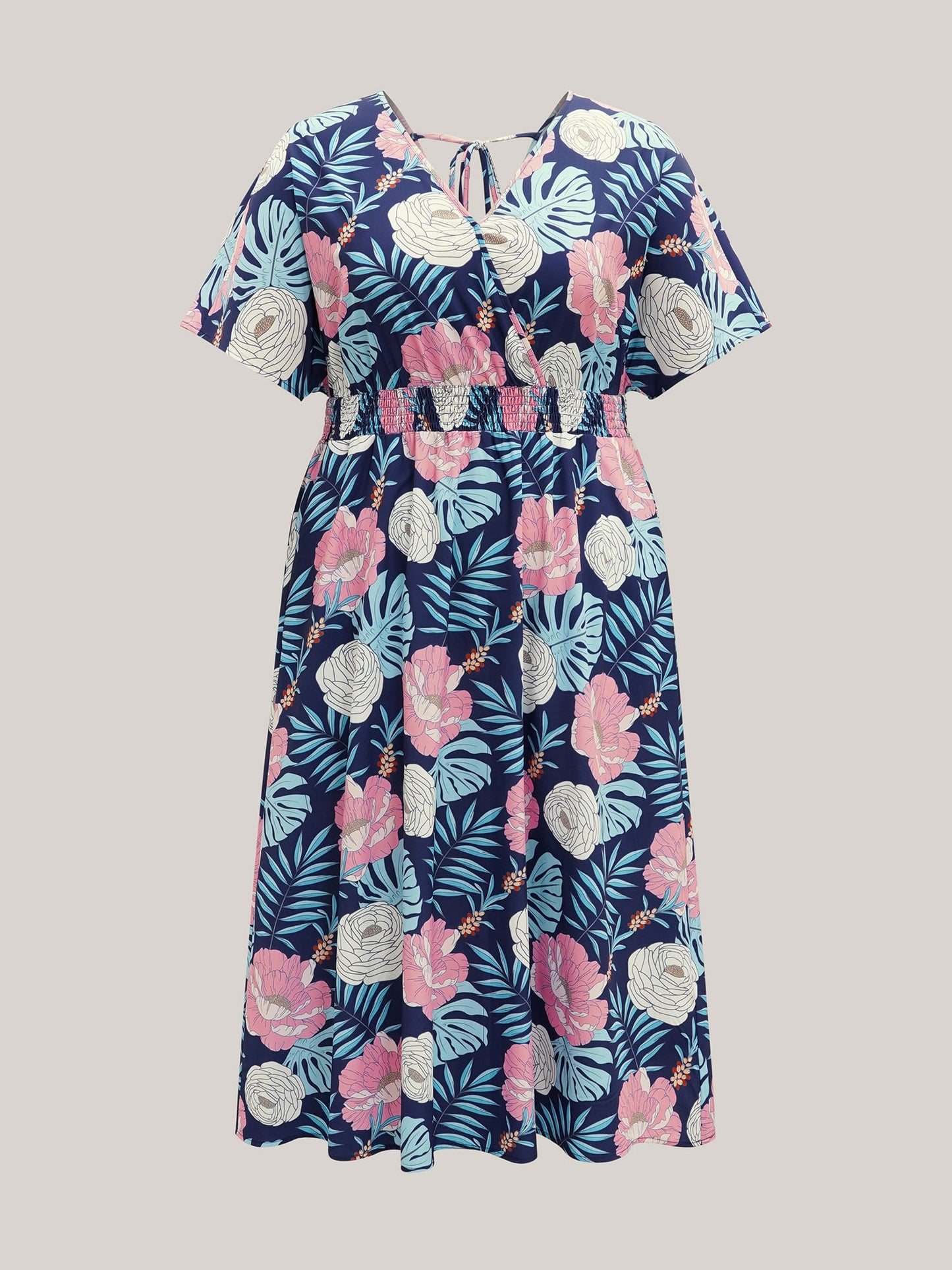 Tropical Print Back-Tie Shirred Midi Dress