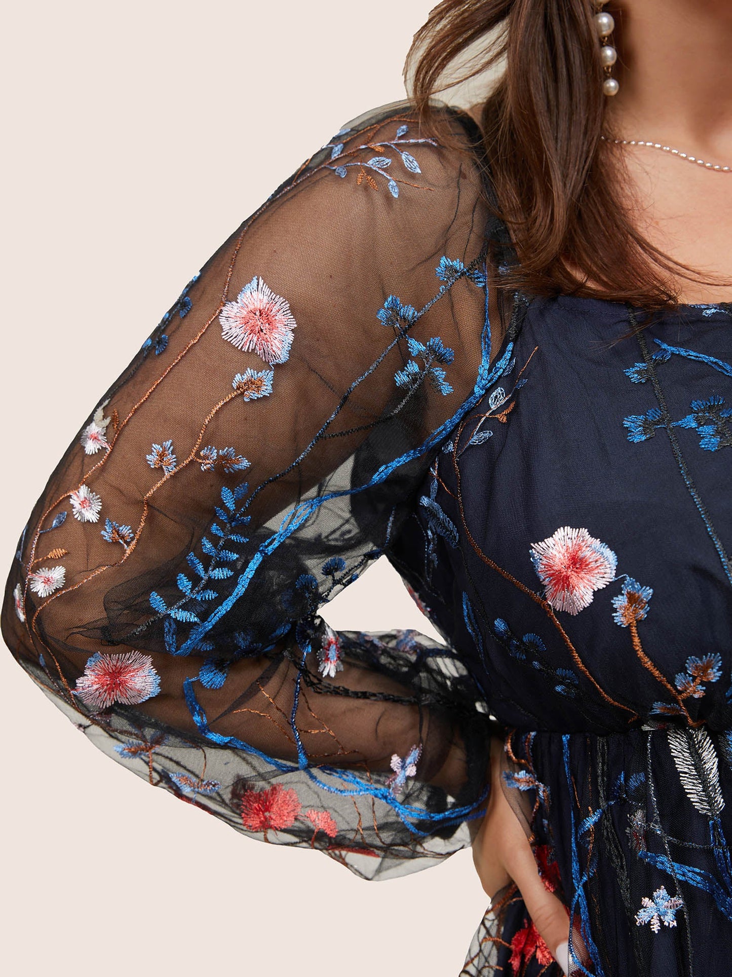 Square Neck Embroidered Lace Mesh Lantern Sleeve Dress