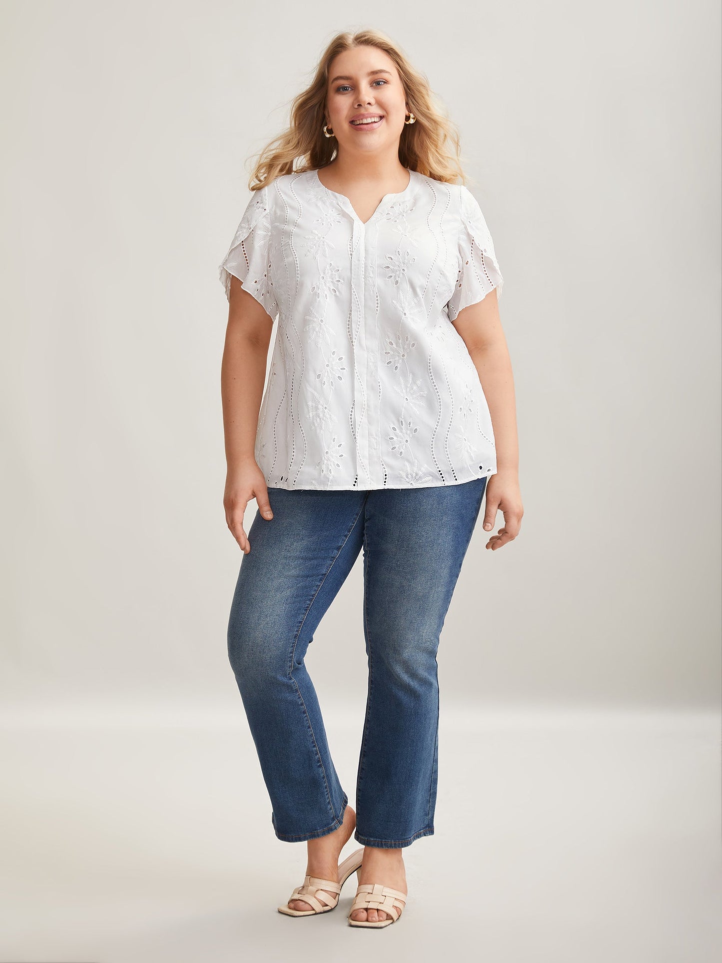 Embroidered Petal Sleeve Sheer Shirt