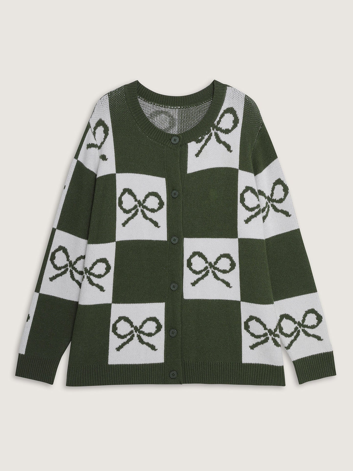 Checkered Bowknot Contrast Knit Cardigan