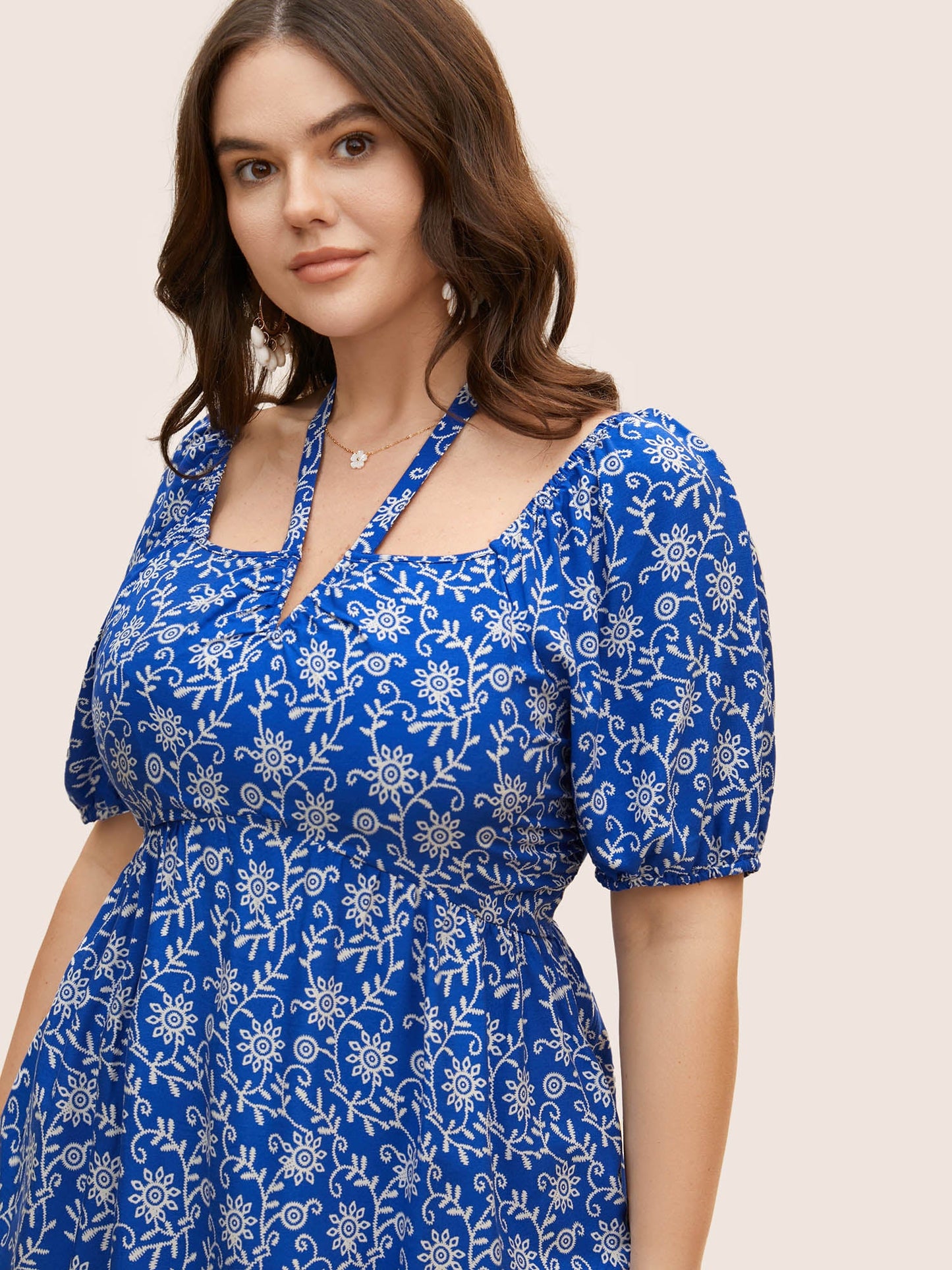 Bandana Print Notched Collar Lantern Sleeve Blouse