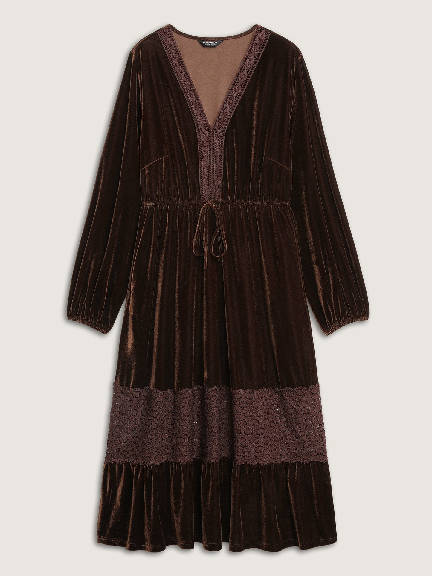 Velvet Lace Trim Waist-Tie Maxi Dress
