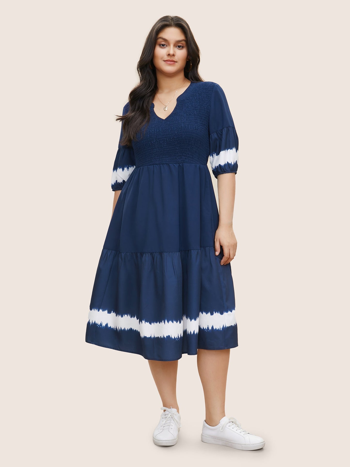Tie Dye Shirred Pocket Notched Dress