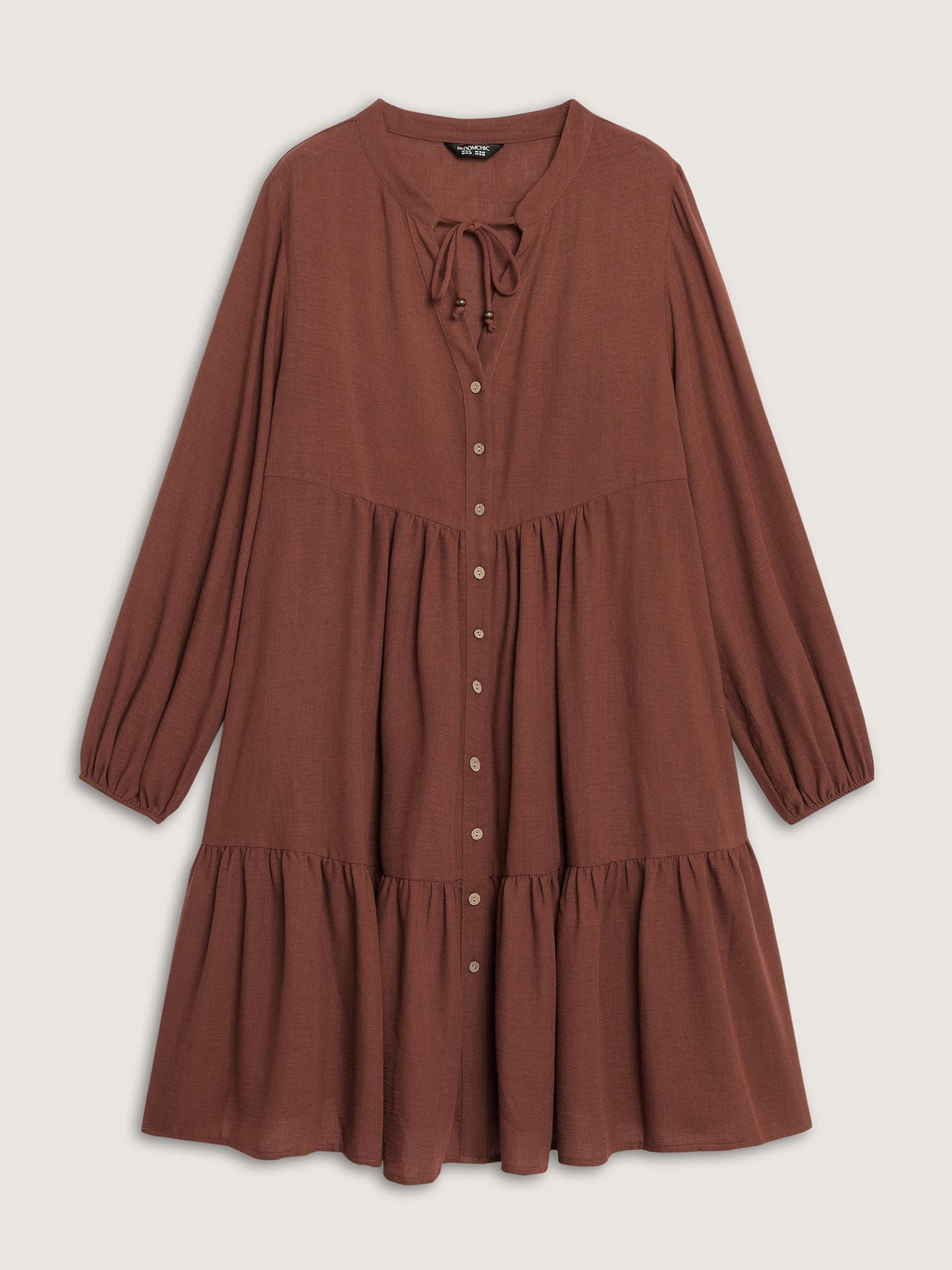 Drawstring Neck Tiered Balloon Sleeve Midi Dress