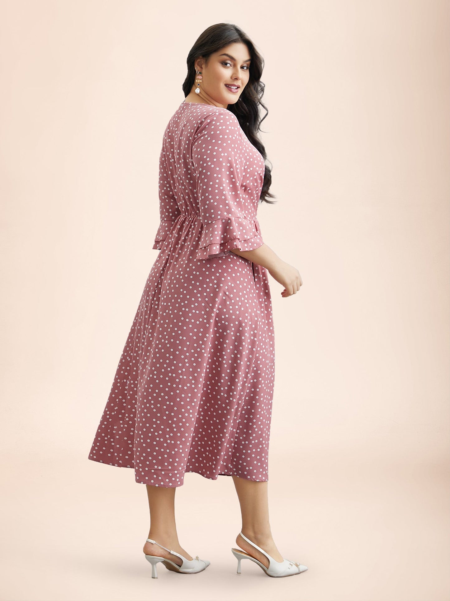 Polka Dot Print Tiered Ruffles Sleeve Midi Dress