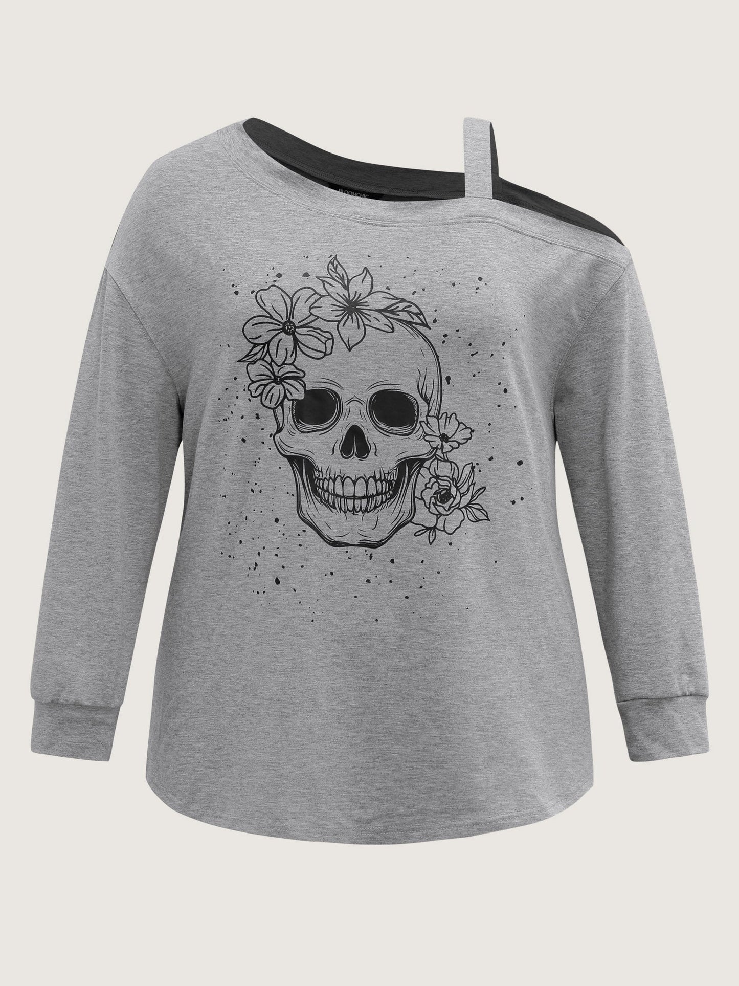 Floral Skull Print One-Shoulder Sweatshirt