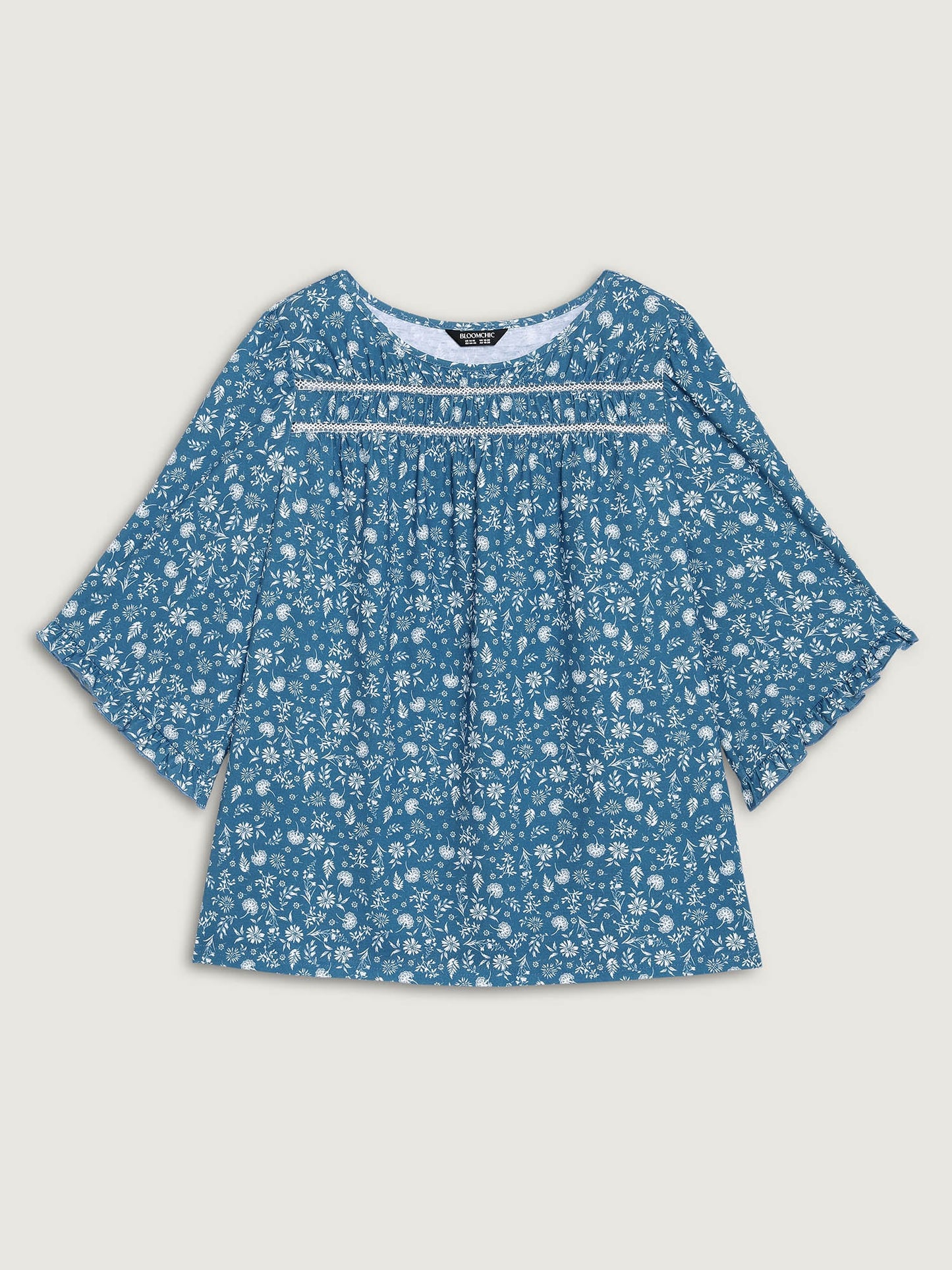 Floral Print Lace Trim Ruffled Sleeve Top